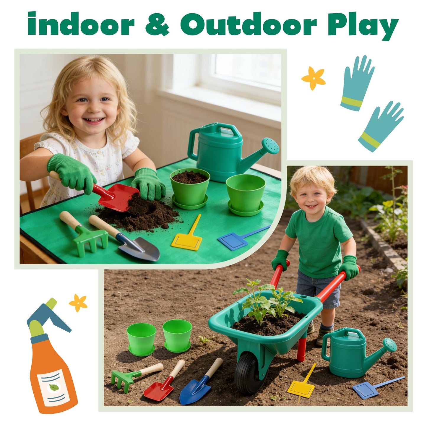 CUTE STONE Kids Gardening Set with Toy Wheelbarrow, Indoor & Outdoor Yard Play, Kids Garden Tools & Toddler Gardening Kit with Gloves, Pots & Watering Can, Educational Garden Toys for Boys & Girls