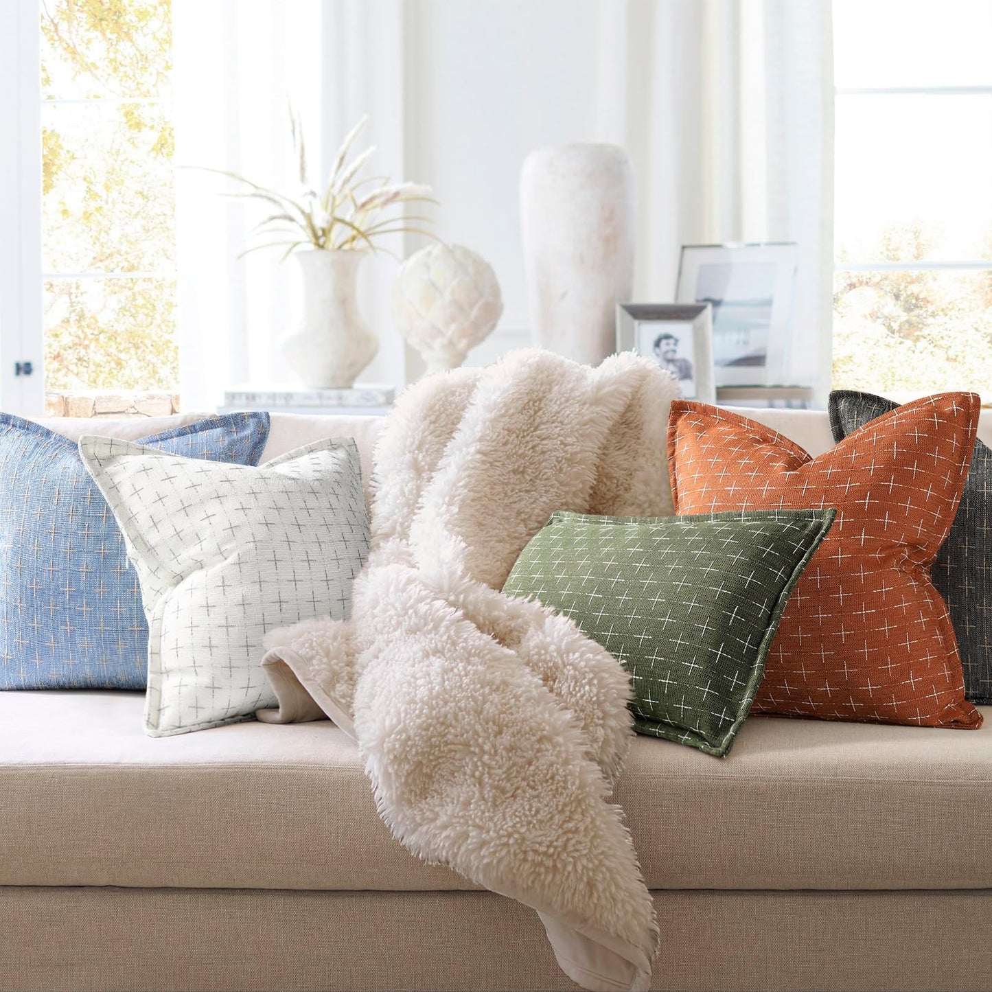 ZWJD Pillow Covers 18x18 Set of 2 Soft Polyester Textured Pillow Covers with Stylish Flange Edge Cozy Farmhouse Throw Pillows for Couch Bed Sofa Living Room