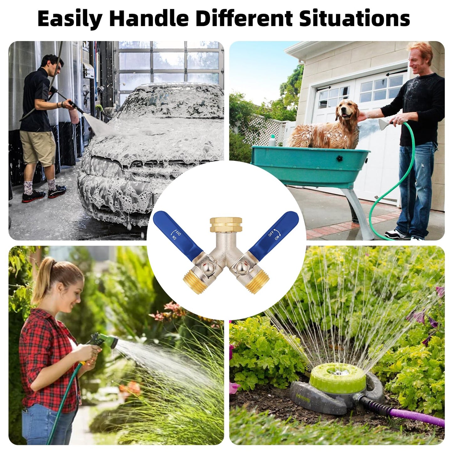 DINGBAI 2 Way Hose Splitter, Brass High Flow Garden Hose Splitter Heavy Duty, Hose Connector, Water Spigot Splitter, Full Flow Faucet Splitter with shutoff, 3/4” GHT Inlet