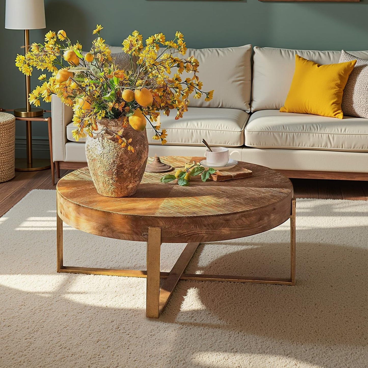 DS-HOMEPORT Round Wood Coffee Table for Living Room - Circle Wooden Coffee Table with Gold Metal Legs, Rustic, Vintage, Easy Assembly(Espresso,32.28" D x 32.28" W x 17.72" H)