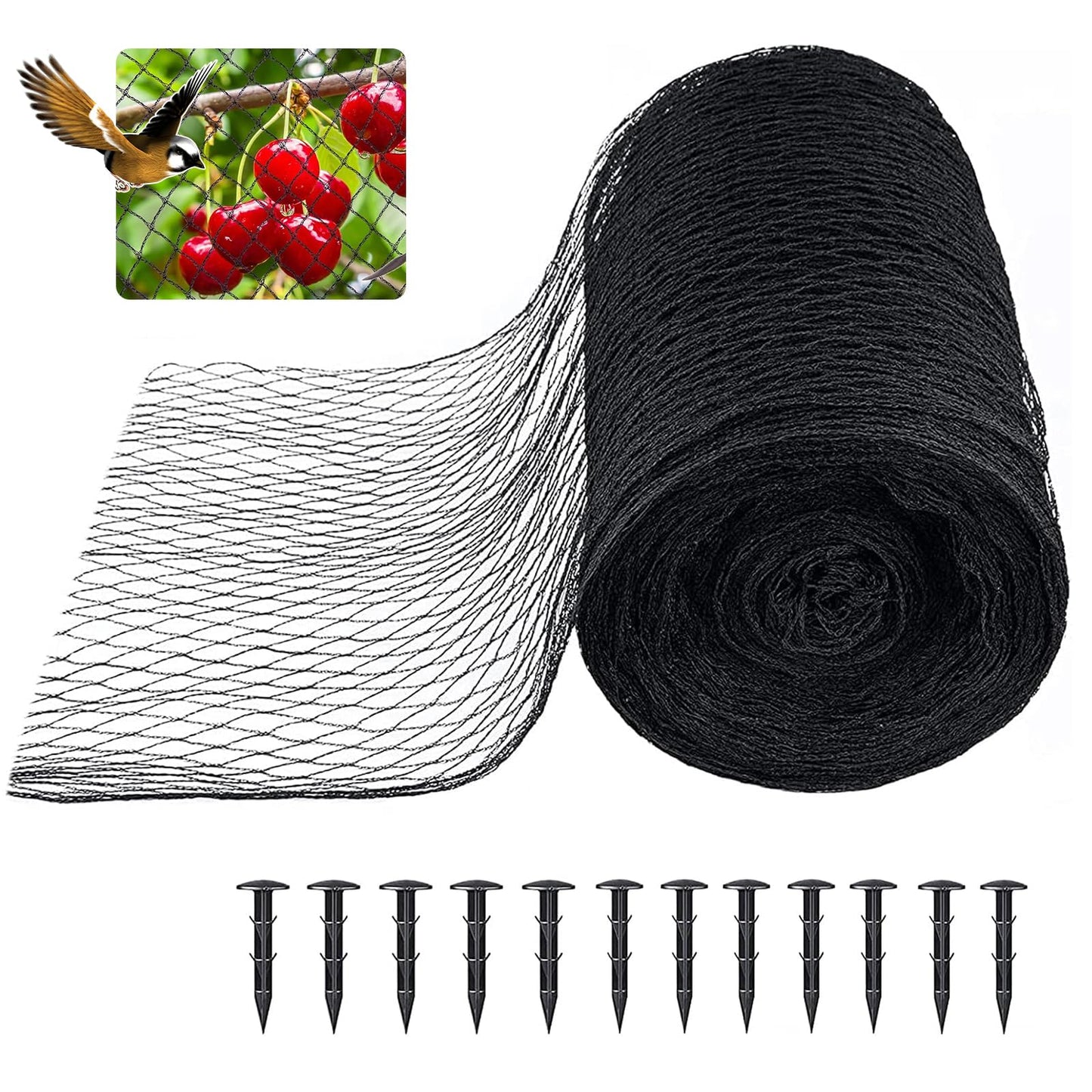 mychoiii Bird Netting for Garden 40 x 40 FT, Heavy Duty 3/8" Woven Mesh Garden Netting with 12 Stakes, HDPE Anti Bird Net for Fruit Trees Vegetables Blueberry Deer Poultry, Black