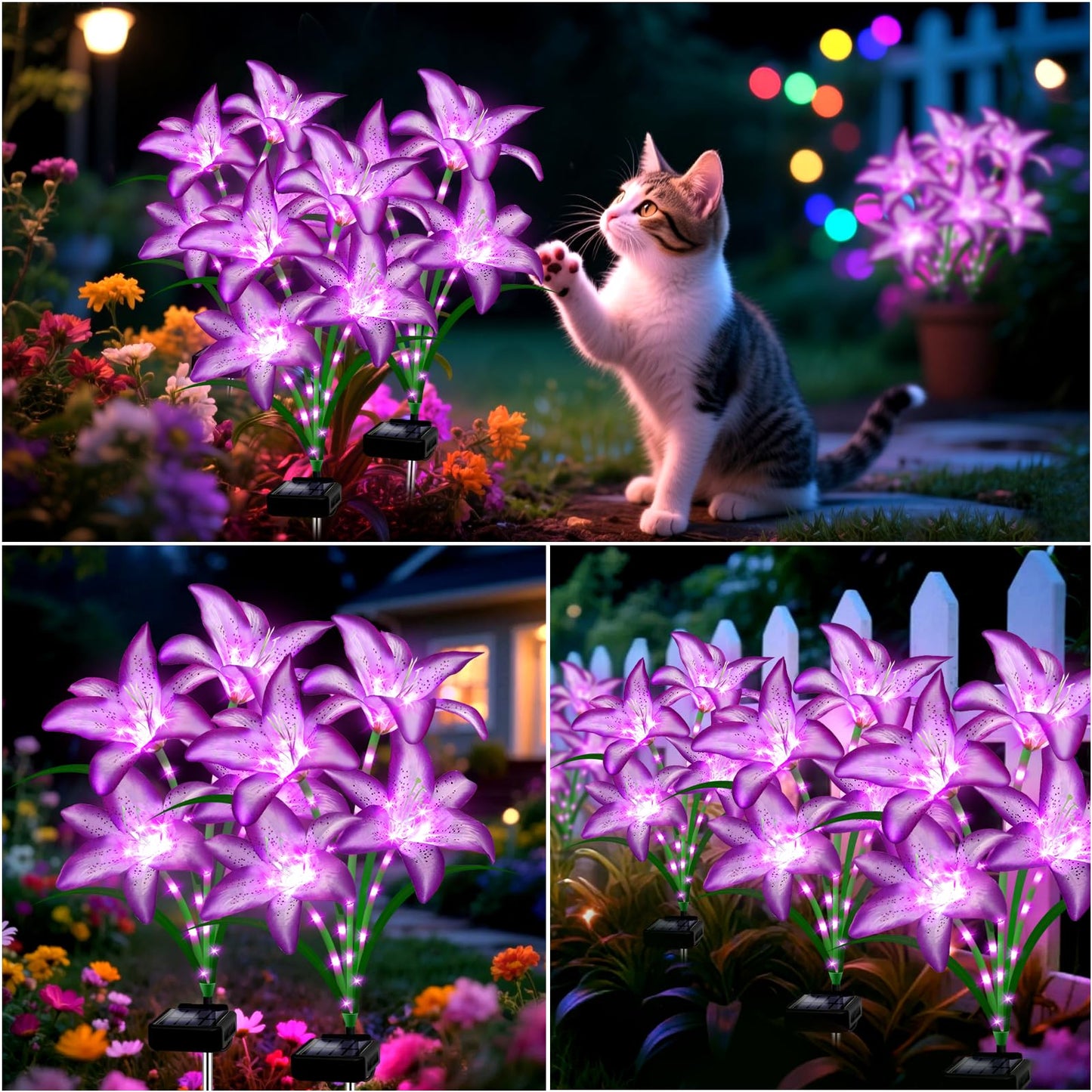 Solar Lights Outdoor, Gift for Women Mom Grandma Wife Daughter, 4 Pack 16 Solar Purple Lily Flower Lights Solar Flower Light Waterproof, Outside Decor Stake Light for Landscape Yard Patio Lawn Garden