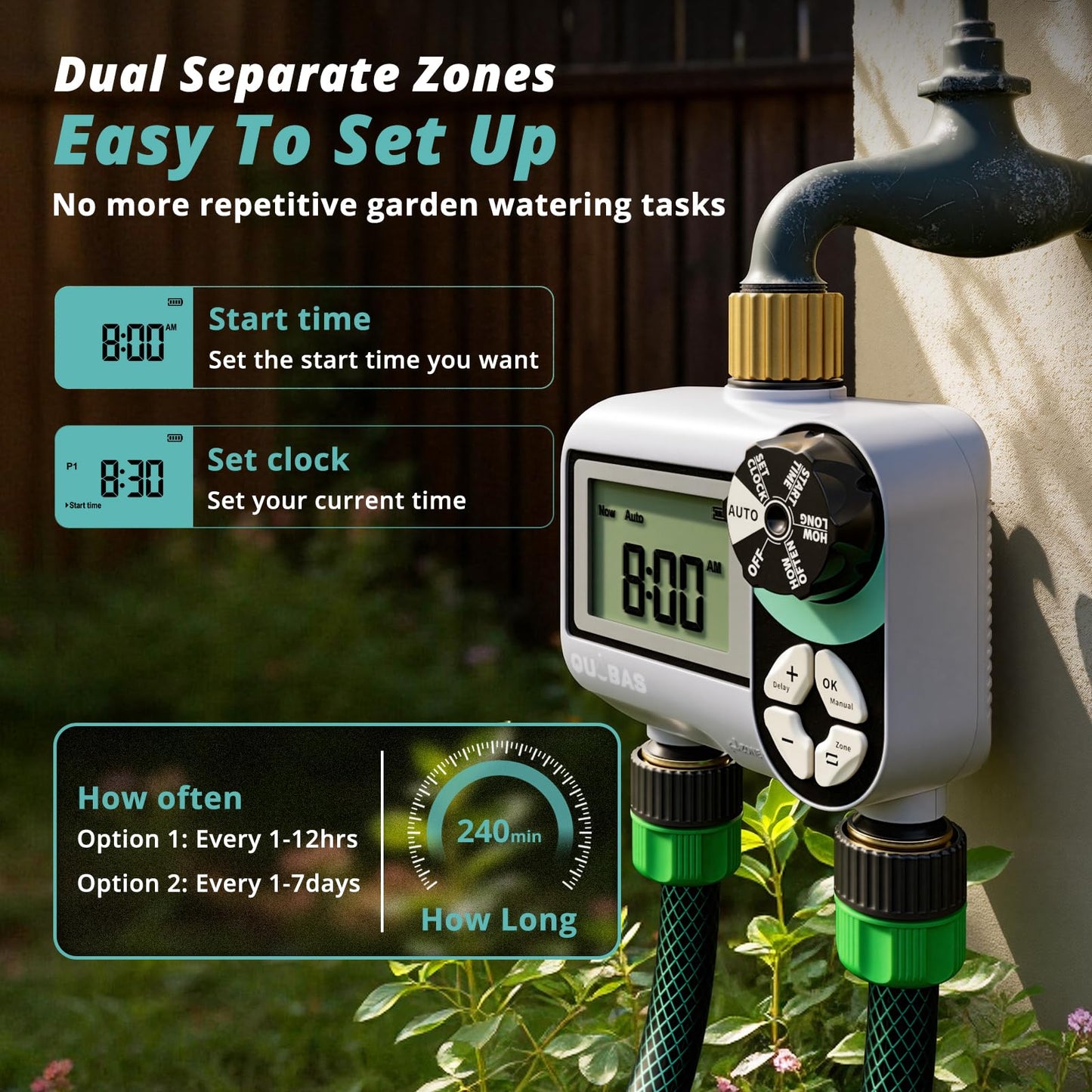 QUOBAS Brass Sprinkler Timer, Programmable Water Hose Timer for Garden Hose Faucet with Waterproof LCD Screen, Rain Delay/Manual/Automatic Irrigation Watering System for Garden, Lawn, Yard - 2 Zone