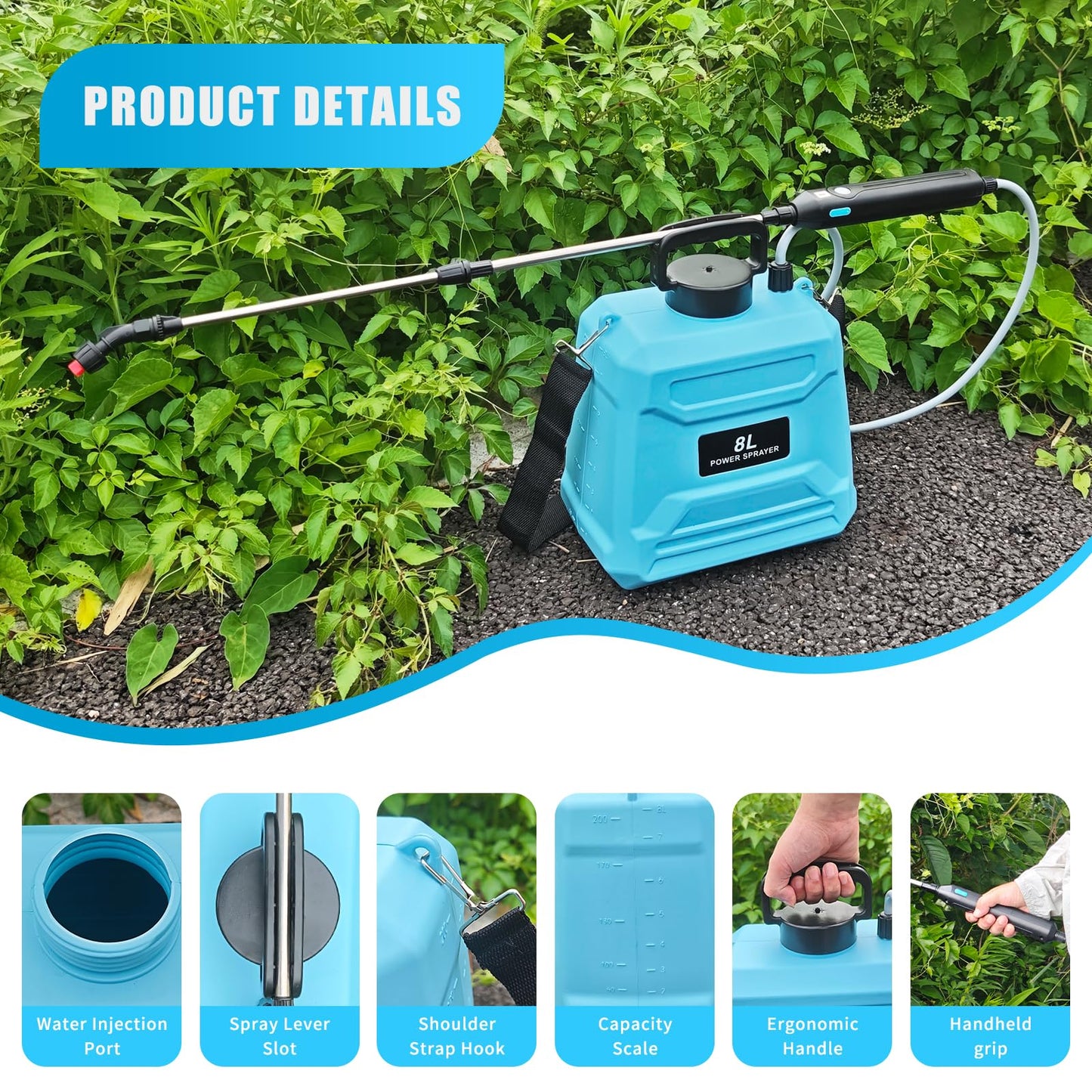 2 Gallon Battery Powered Sprayer, Electric Garden Sprayer, Pump Sprayer with 3 Mist Nozzles & USB Rechargeable Handle & Retractable Wand & Adjustable Strap for Lawn, Garden, Yard(Blue)
