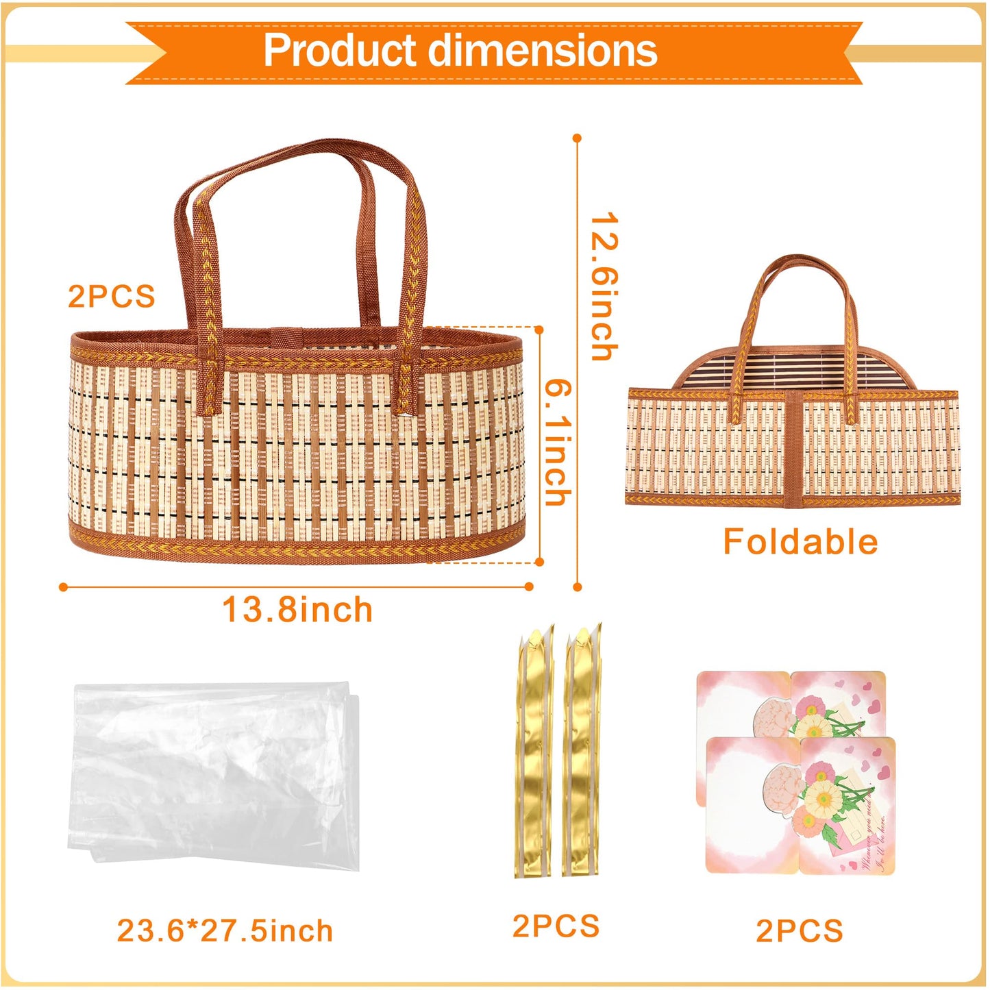 Orchidleaf 2 Set Baskets for Gifts Empty, Gift Empty Bamboo Basket Large, Foldable Woven Gift Basket with Handle for Baby Baptisms, Mother's Day, Christmas, Housewarming
