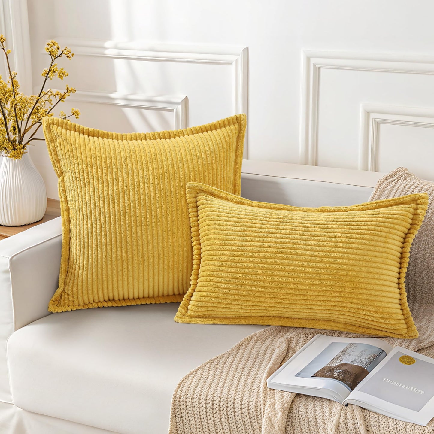 Mecatny Corduroy Throw Pillow Covers 26x26 Set of 2, Neutral Decorative Soft Boho Couch Pillow Covers with Broadside for Sofa Living Room, Mustard Yellow