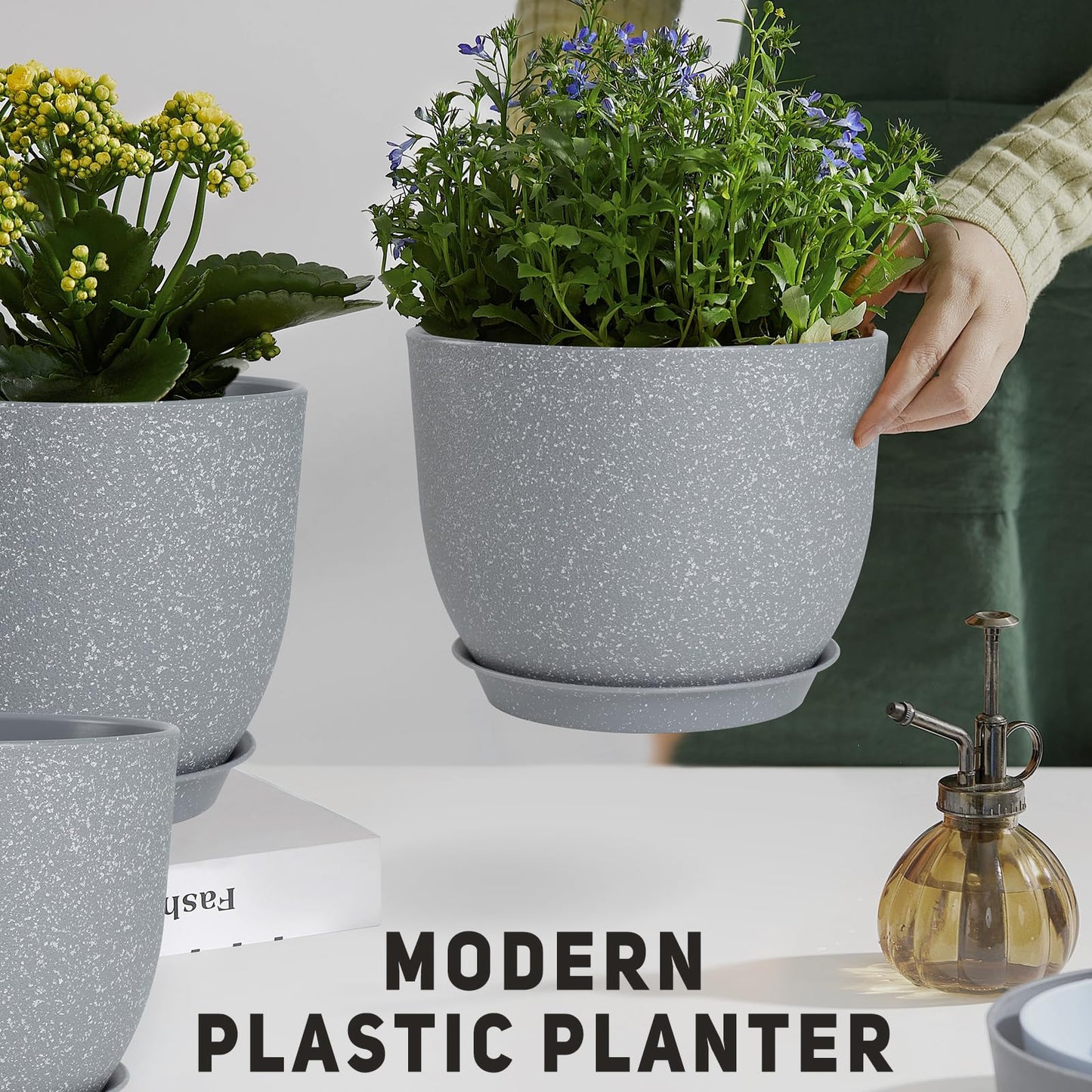 YNNICO Plant Pots 10/9/8/7.5/7 inch Flower Pots with Multi Mesh Drainage Holes, Planters for Indoor Outdoor Garden Plants and Flowers. (Gray)