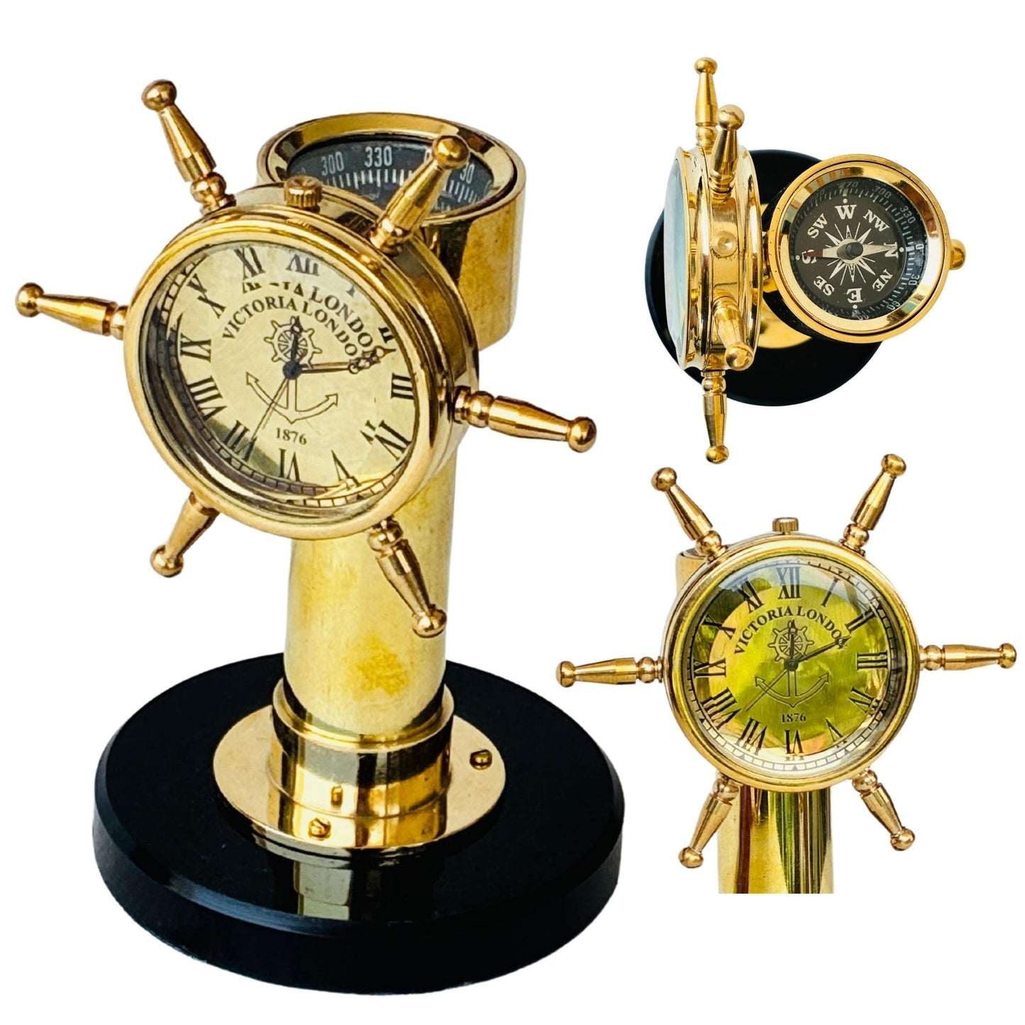Ship Wheel Decorative Shipwheel CompassClock - Handmade Brass Tabletop Desk Decor Gift