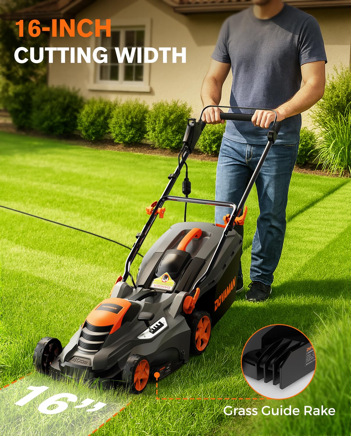DOVAMAN 13Amp LA16M Lawn Mower, 16" Blade, 5-Position Height Adjustment, 3-Step Quick Vertical Fold Storage, 2-in-1 Mulching & Bagging, 98% Collection, Corded Lawn Mower for Your Garden