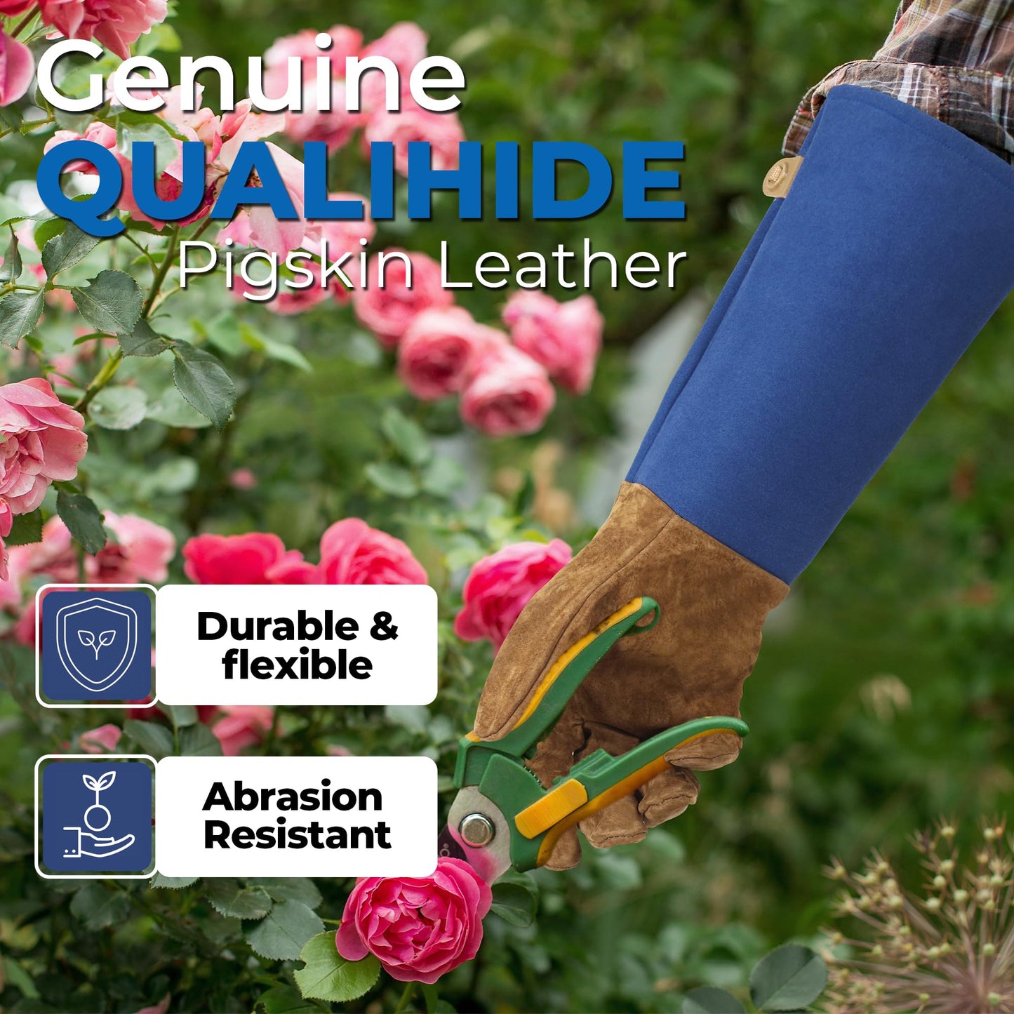 HANDLANDY Long Gardening Gloves for Men & Women, Pigskin Leather Rose Pruning Gloves, Breathable Thorn Proof Gauntlet Glove (Blue, M)