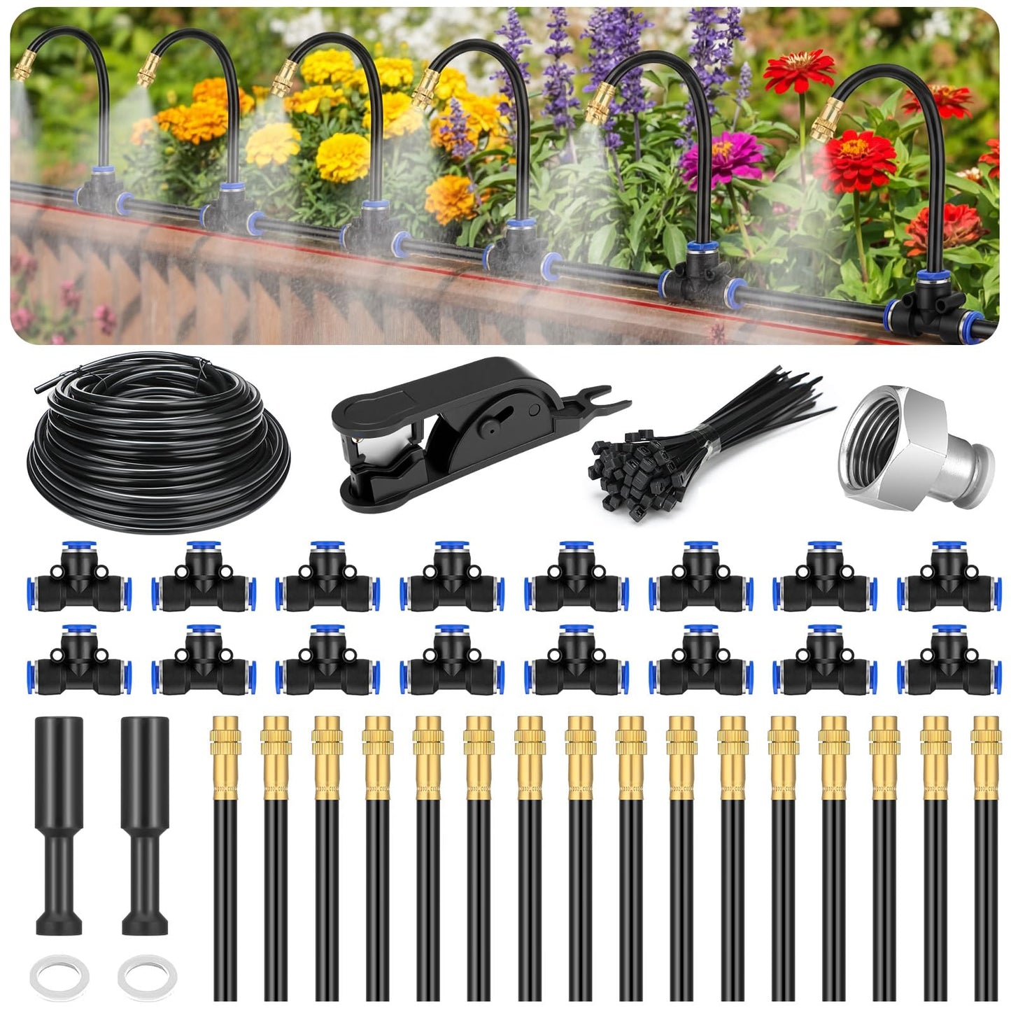 MorningRo 98 ft Drip Irrigation Kit, 5/16" Tube Automatic Watering System with 30pcs 360° Adjustable Brass Nozzles, Water Saving DIY for Garden, Lawn, Yard, Greenhouse Plants