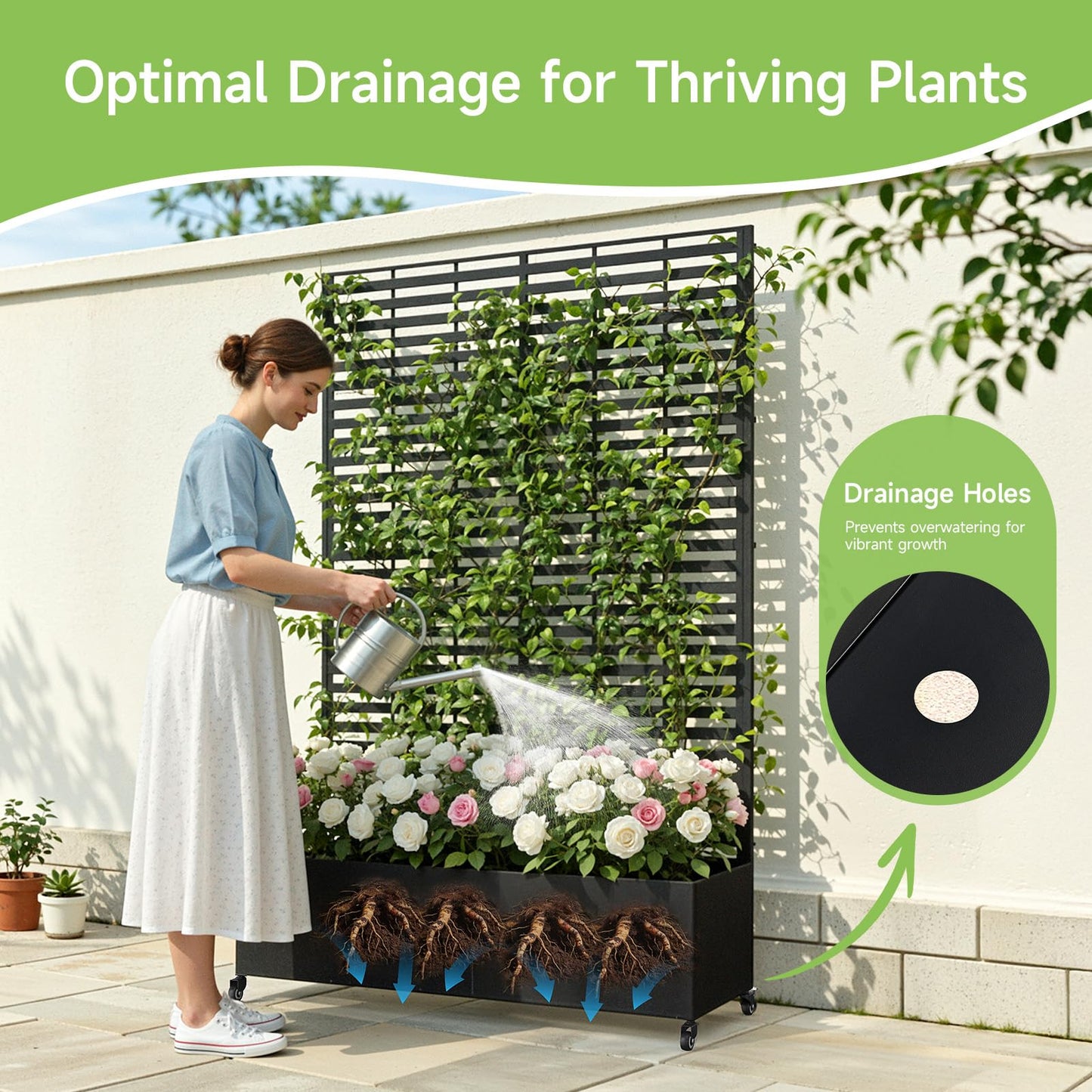Metal Raised Garden Bed with Trellis and Wheels, 73" x 47" x 16" Planter Box with Trellis with Drainage Holes, Privacy Planters for Patio with Privacy Screen for Climbing Plants Flower Vegetables