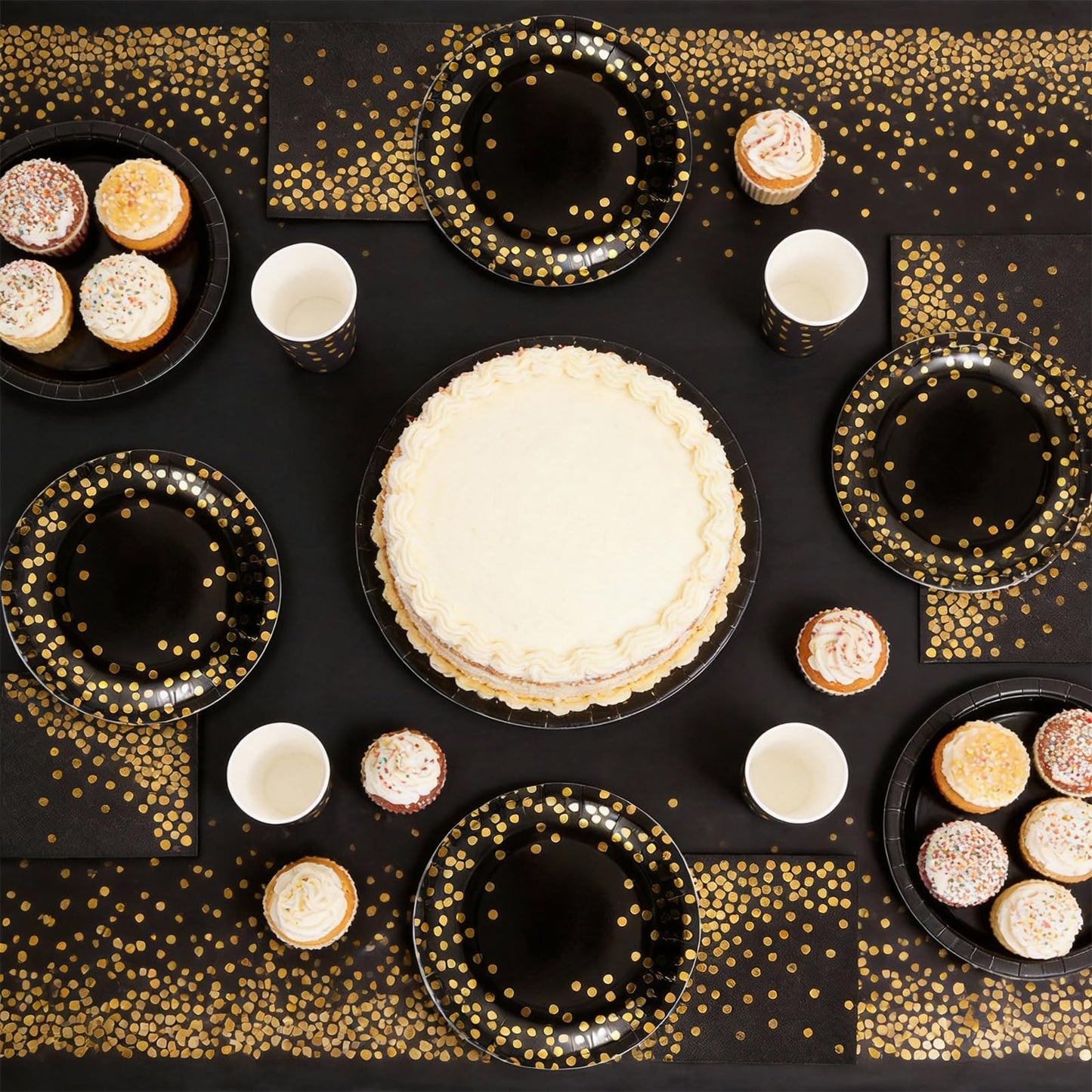 PHOGARY 61 Pcs Black Gold Disposable Tableware Set, Paper Plates and Napkins Party Supplies Dinnerware Golden Dot Black Plates Cups Straws Napkins Plastic Tablecloths for Birthday Party Decorations