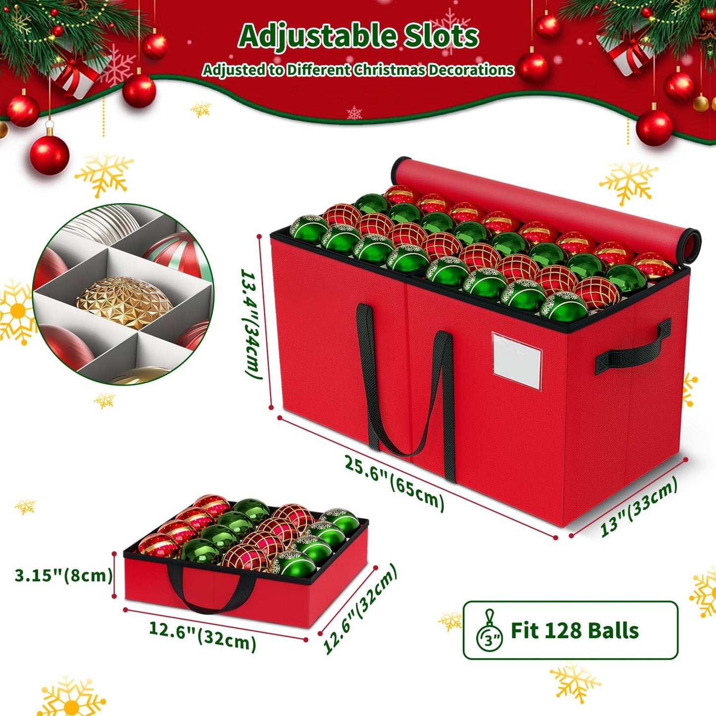 EverMerry Christmas Ornament Storage Box - Large & Sturdy Christmas Storage Container with Adjustable Dividers, 8 Individual Trays and Handles, Holds up to 128 Holiday Decorations (Red)