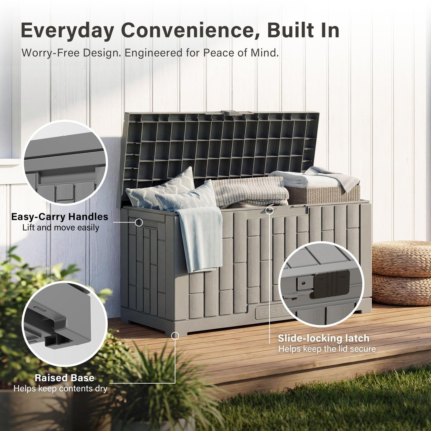 EAST OAK Outdoor Storage Box, 60 Gallon Deck Box Indoor and Outdoor Use, Waterproof Resin Storage Bin for Patio Cushions, Gardening Tools, Lockable, UV Resistant, Grey