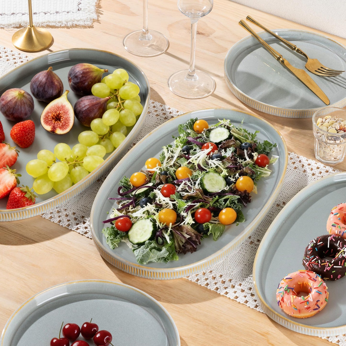theterra Ceramic Serving Platter, 15.6"/14.4"/12.2" Oval Serving Dishes for Entertaining, Oven Safe, Microwave Safe, Serving Plates Set of 3 for Wedding, Party, Turkey, Desert Sage