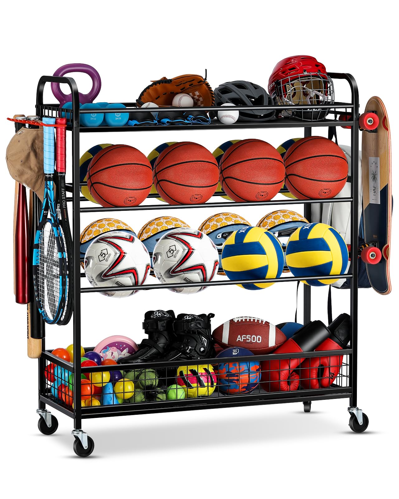 EXTCCT Garage Sports Equipment Organizer - Rolling Ball Storage Bin with Wheels, Garage Sports Gear Rack Outdoor Basketball Racks for Balls with Baseball Bat Holder and Hooks, Toy Organizer