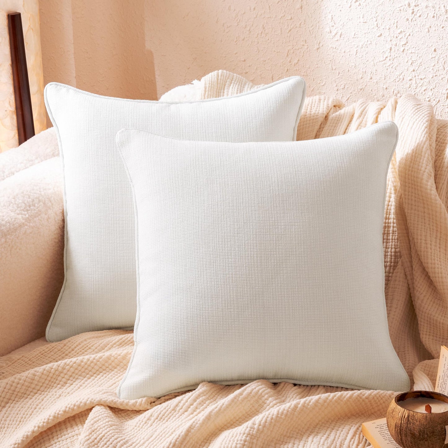 Amazon Basics Faux Linen Throw Pillow Covers with Hidden Zipper Closure, 18 × 18in, White, Pack of 2