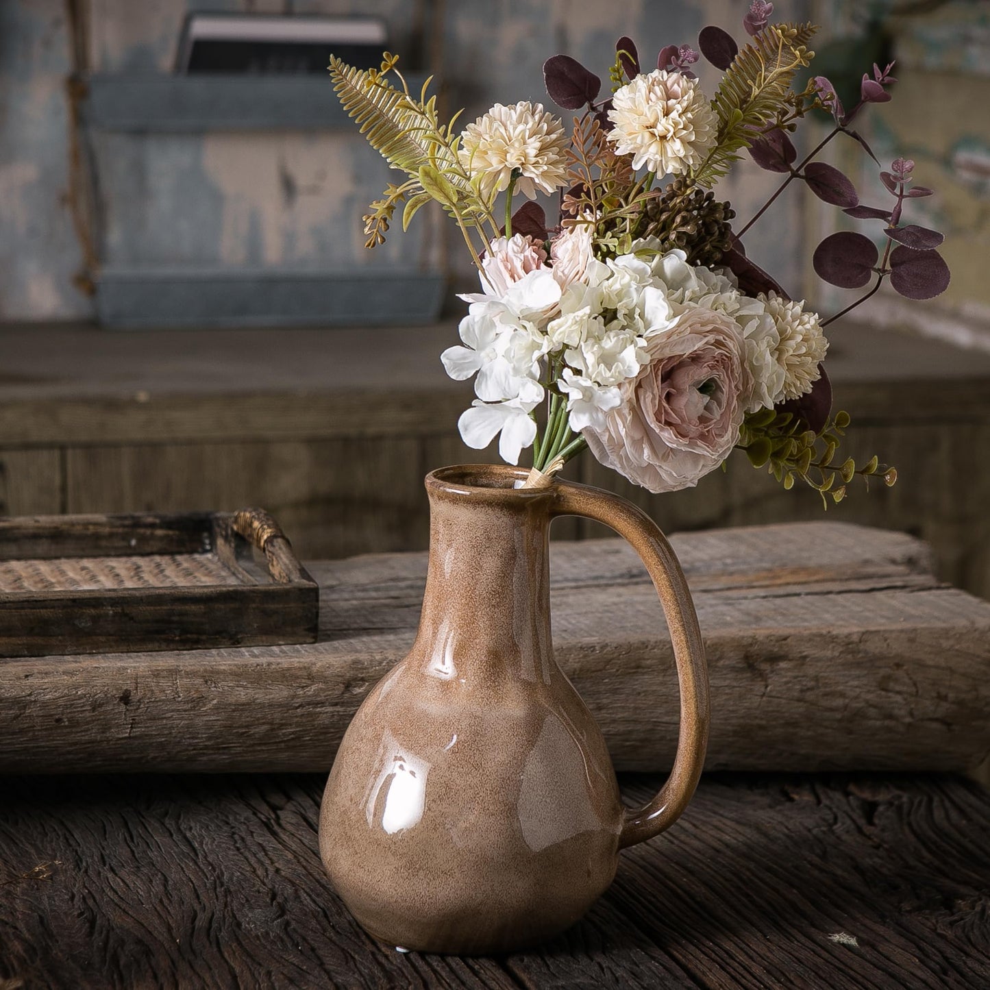 Tanvecle Brown Ceramic Vase with Big Handles, Modern Farmhouse Decor, Rustic Pottery for Flowers, Decorative Terracotta Centerpiece for Dining Table