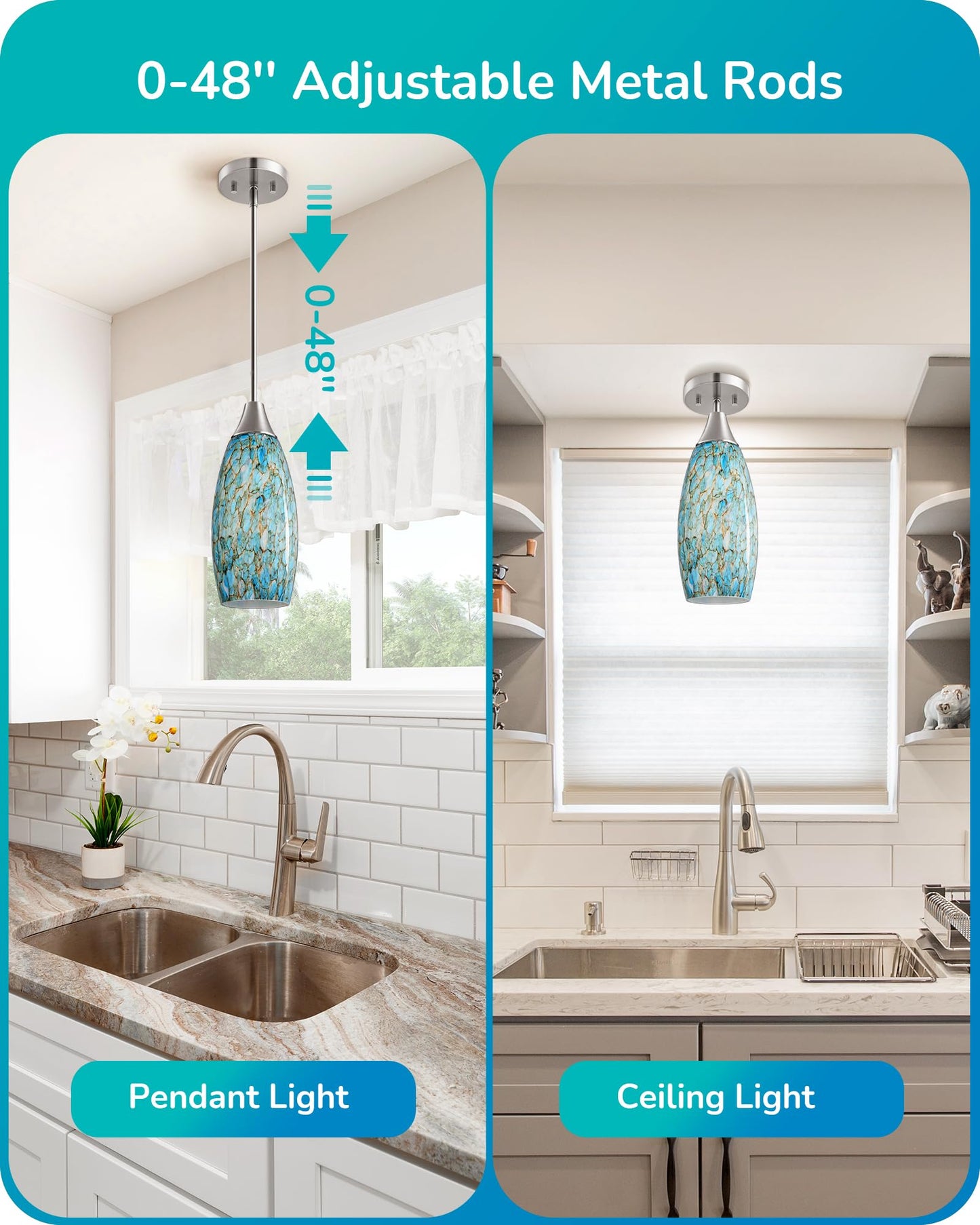 EDISHINE Pendant Light, Hand Blown Hanging Light Fixture, Adjustable Brushed Nickel Rods, 5.12" D x 11.4" H Shade, Blue Glass Pendant Lighting for Kitchen Island, Sink, Bathroom, Dining Room