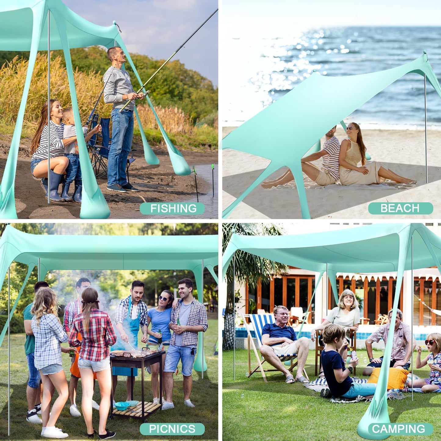 Ahititi Beach Tent Sun Shelter Beach Canopy Tent Sun Shade Pop Up 10x10 UPF50+ with 8 Sandbags-2 Sand Shovel-Portable 4 Aluminum Poles-Ground Pegs-Easy Setup for Outdoor Family Camping Fishing Picnic