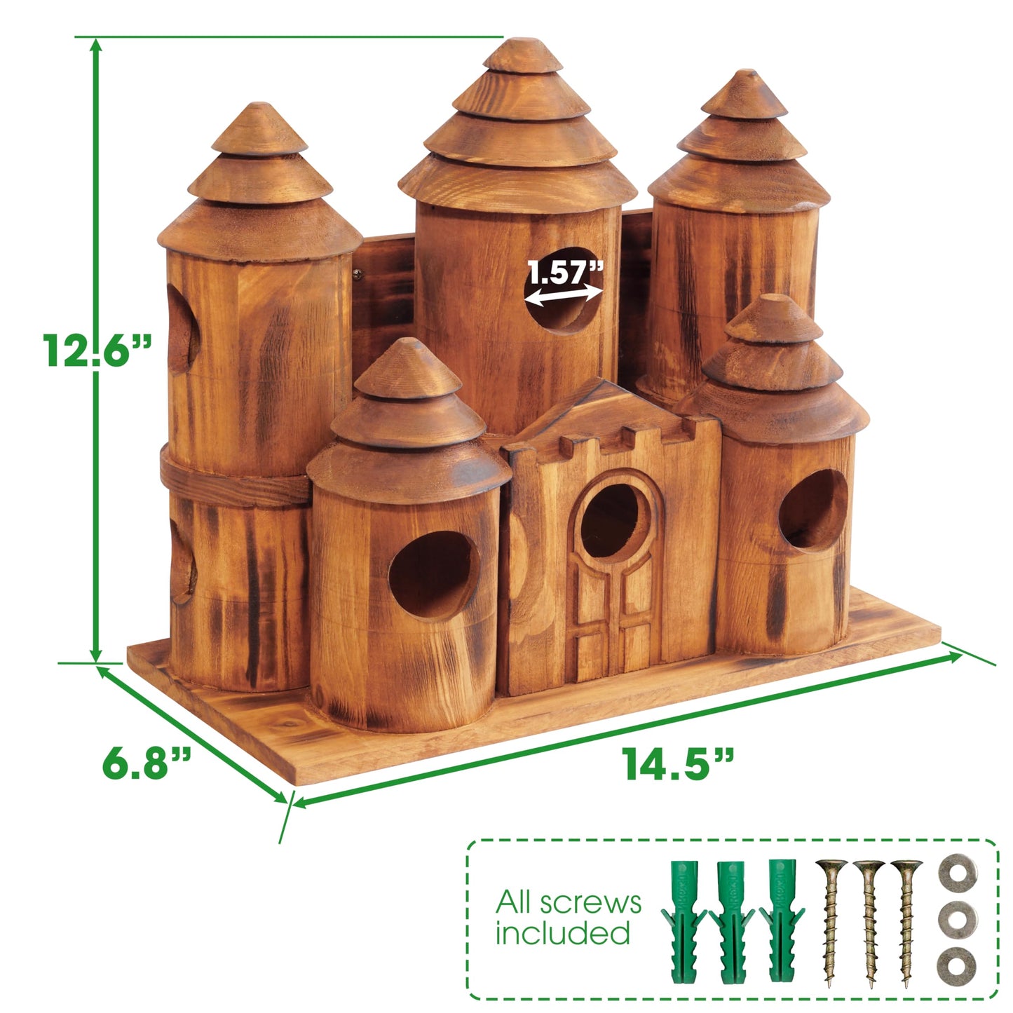MIXUMON Wooden Bird Houses for Outside – 8 Rooms Castle-Style Bird House, Carbonized Pine Rustic Finish, 1.57" Entrance Holes, Decorative Outdoor Bird Nesting Box (Rustic, 8 Rooms)