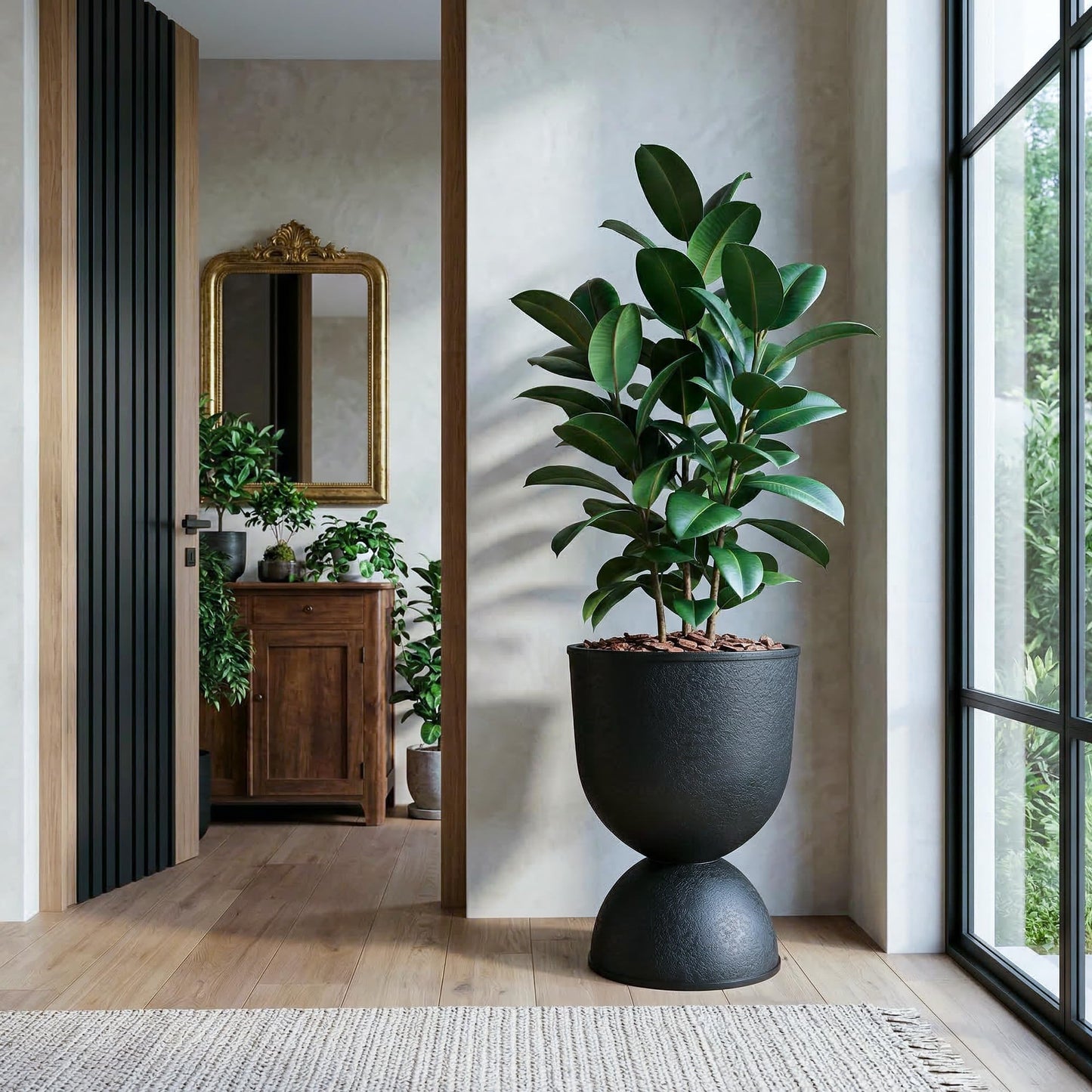 KOL Planters Flower Pots, Large Plastic Urn Planters for Indoor Outdoor Plants, Black Pedestal Planter Pots, 23 Inch Tall Decorative Planters with Drainage Holes & Plugs for Patio Garden, 1 Pack