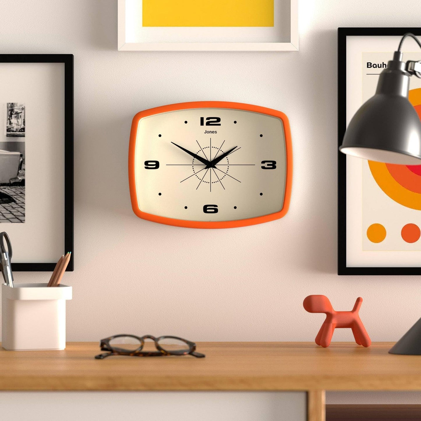JONES CLOCKS® Movie wall Clock | Retro Rectangular Clock | 10 inch | Orange | Cool mid-Century Designer Look for Kitchen, Living Room or Office