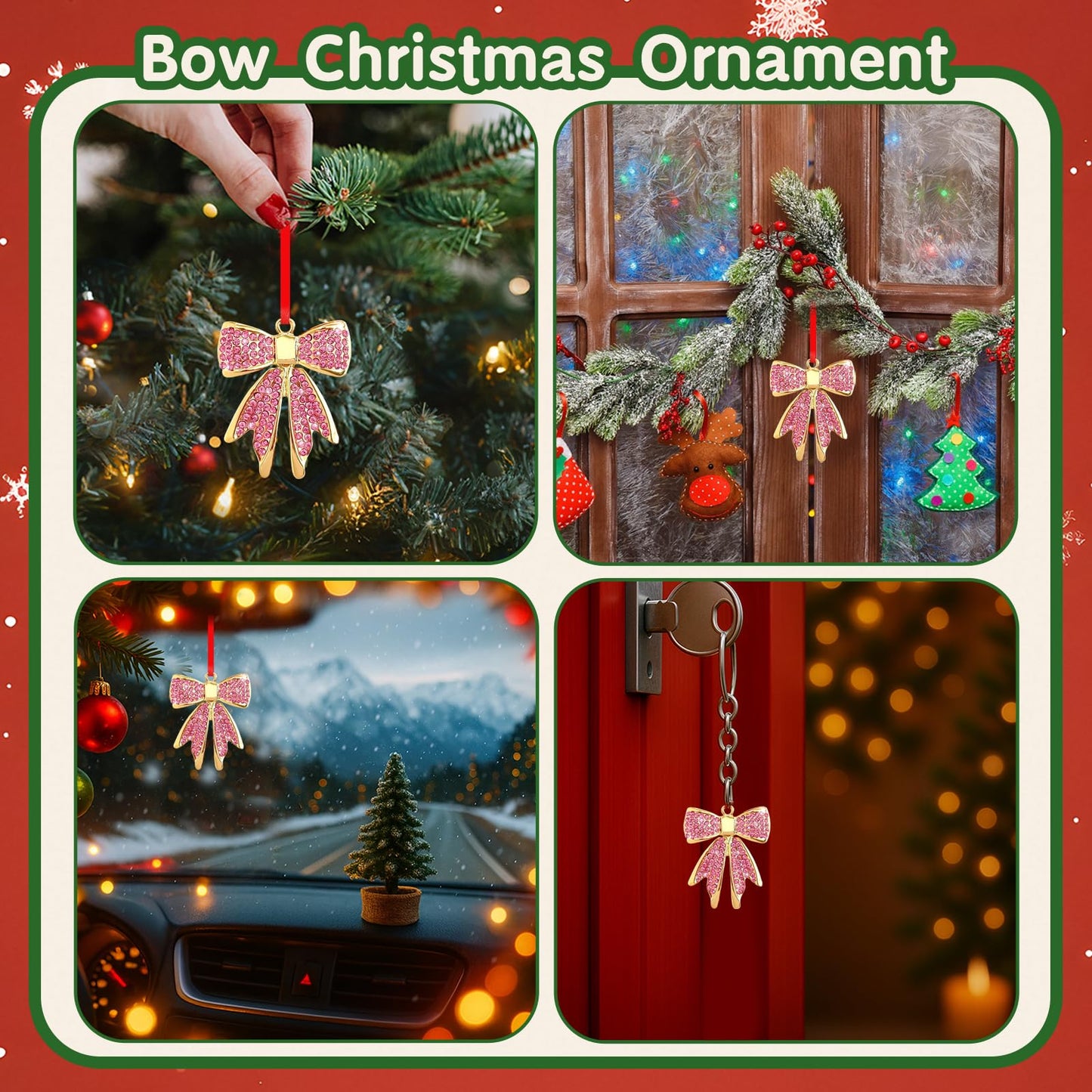 WALENGIF Pink Bow Ornaments for Christmas Tree Decorations 2025 - Metal Bow Christmas Ornaments - Bowknot Christmas Ornament Rhinestones Xmas Keepsake Gifts for Women Girls Sister Mom Bestie Friends