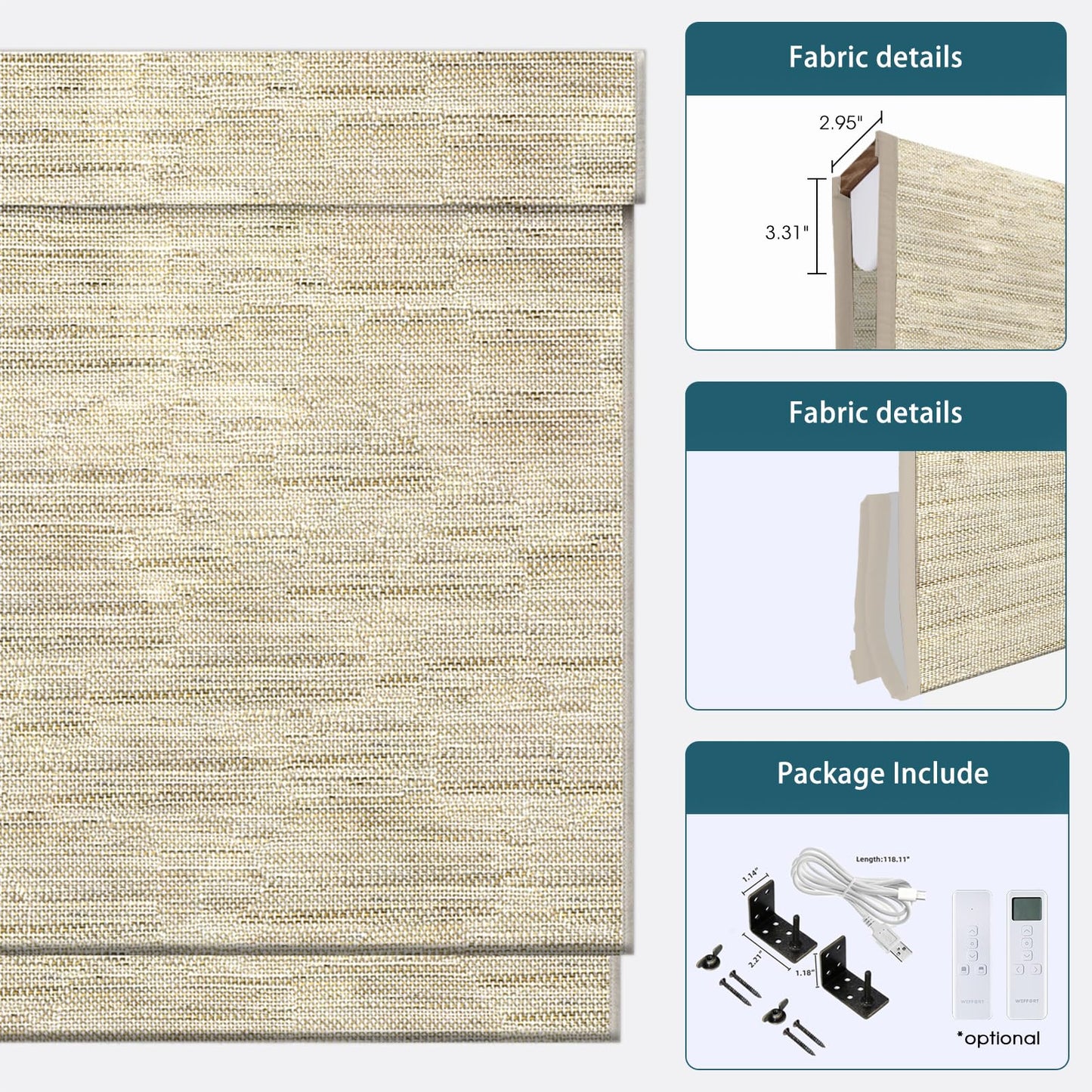 WEFFORT Motorized Roman Shades, Woven Woods Shades, Work with HomeKit/Alexa/Google Home, Cordless, Custom Size, Crocheting Kenaf