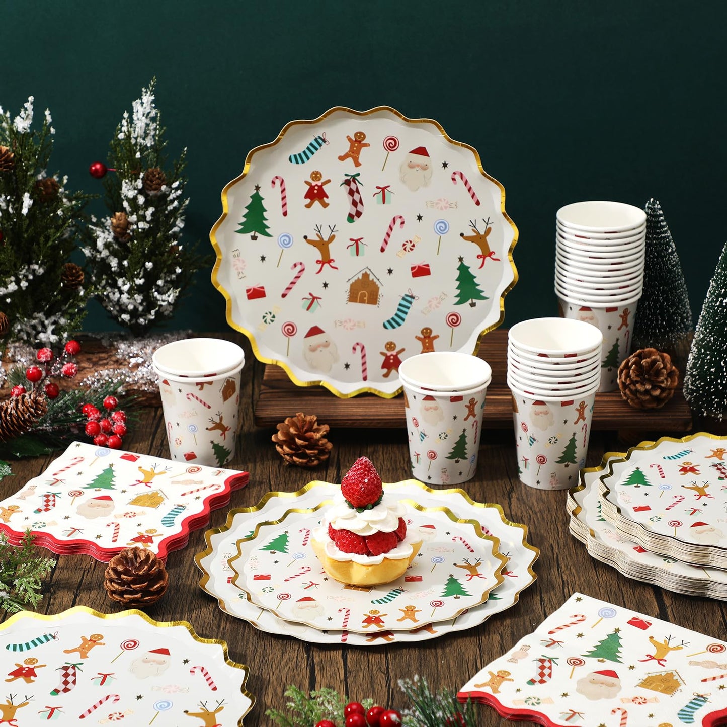Patelai 100 Pcs Christmas Paper Plates, Cups and Napkins Disposable Christmas Party Supplies Xmas Paper Dinnerware Disposable Dessert Plate Tableware Holiday Birthday Party Decorations, Serve 25