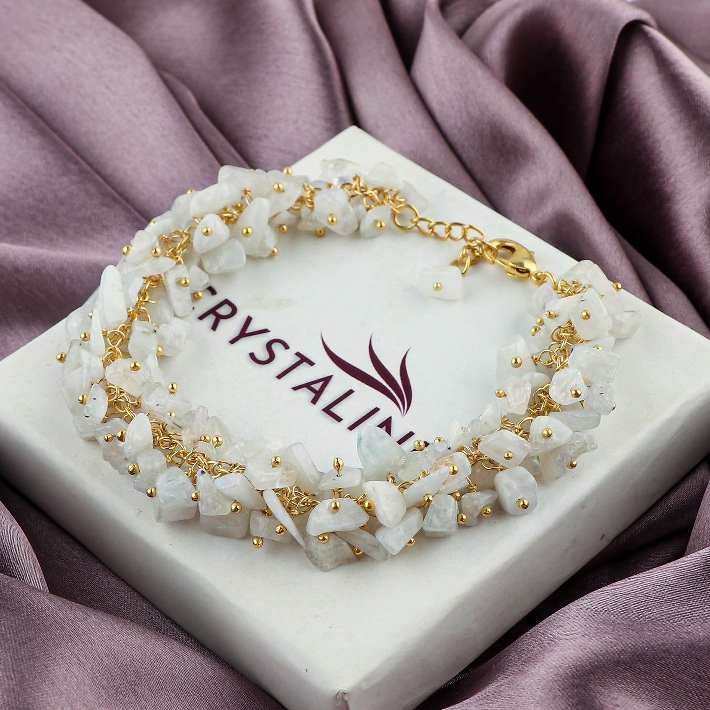 CRYSTALINES Natural White Moonstone Gemstones Cluster Bracelet, Handmade Bohemian Jewelry, Chips Nuggets Beads Stones, Healing Crystals, 14K Gold Plated Chain, Christmas Gift for Women, 8inch