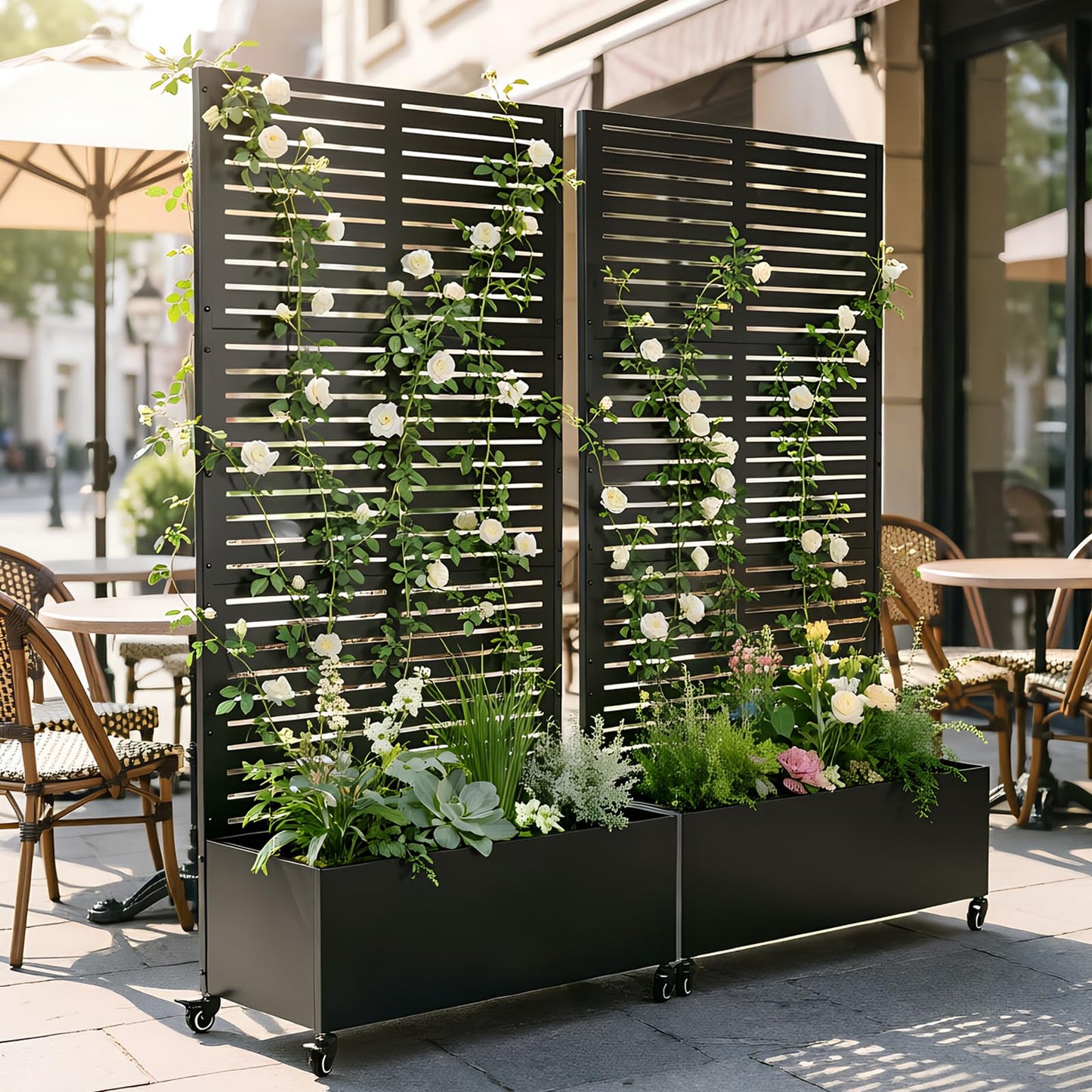 Baotree Metal Raised Garden Planter Bed, 72"x35"x16" Outdoor Planter Box with Trellis and Wheels for Climbing Plants, Vegetables & Vines, Features Drainage Holes and Privacy Screen (Black-Louvered)