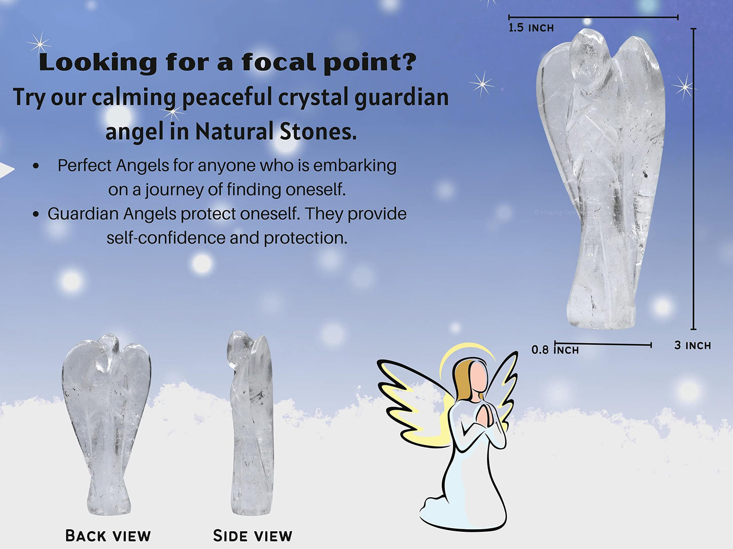 Amazing Gemstone Crystal Quartz Crystal Guardian Angel Figurines Ornament for Healing Birthstone, Decoration Statue (Hand Carved Pocket Gemstone Angel) (3 inch)
