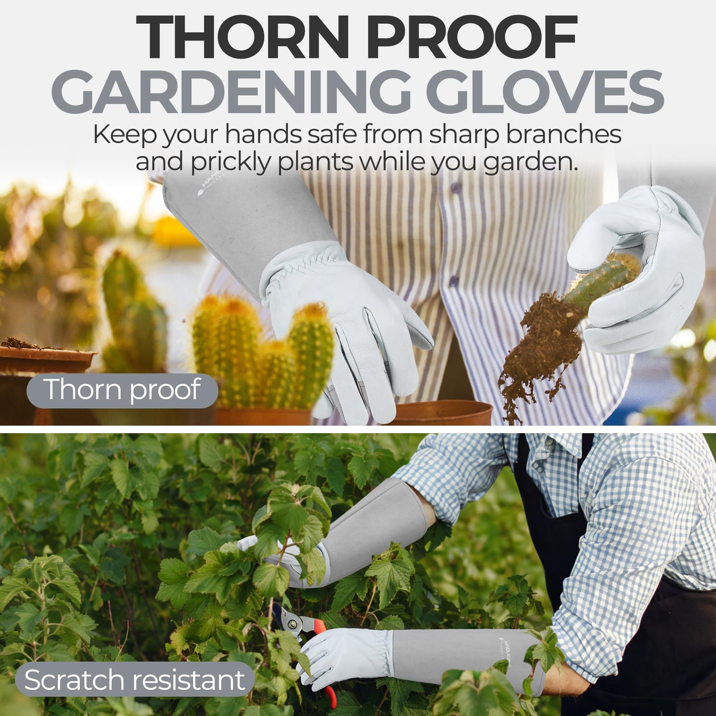 HANDLANDY Long Gardening Gloves for Men & Women, Thorn Proof Rose Pruning Gloves Leather Gauntlets Garden Glove Yard Work Glove (Silver Gray, Large)