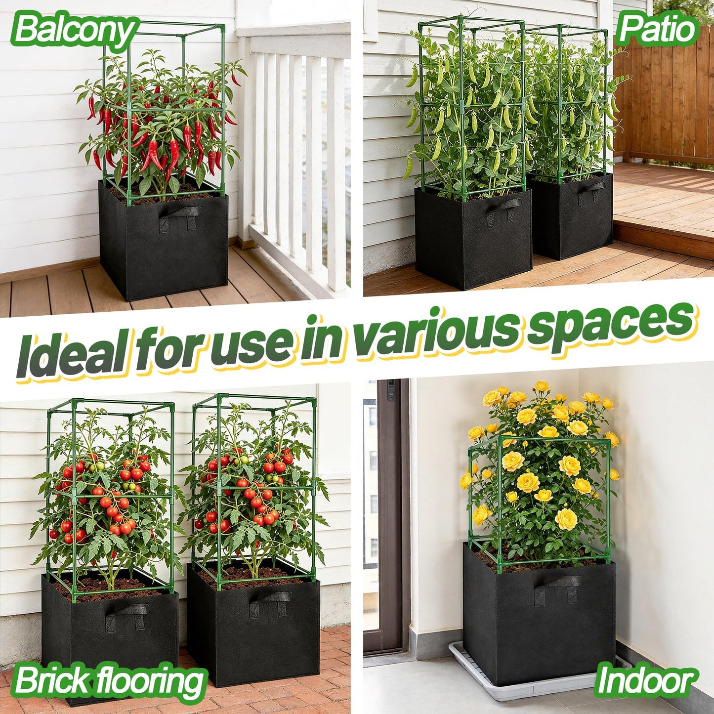 ANPHSIN Sturdy Square Tomato Cage with Movable 17 Gal Grow Bags - 3 Sets 46'' Plants Garden Trellis Planter, Support for Indoor Outdoor, Cucumber, Beans, Peppers, Eggplants, Climbing Vegetables