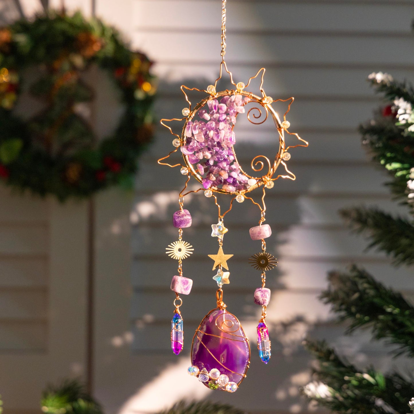 Amethyst Crystal Suncatchers for Windows Hanging Decor Rainbow Sun Catcher for Car Light Catcher Window Wall Garden Outdoor Decoration(Purple)