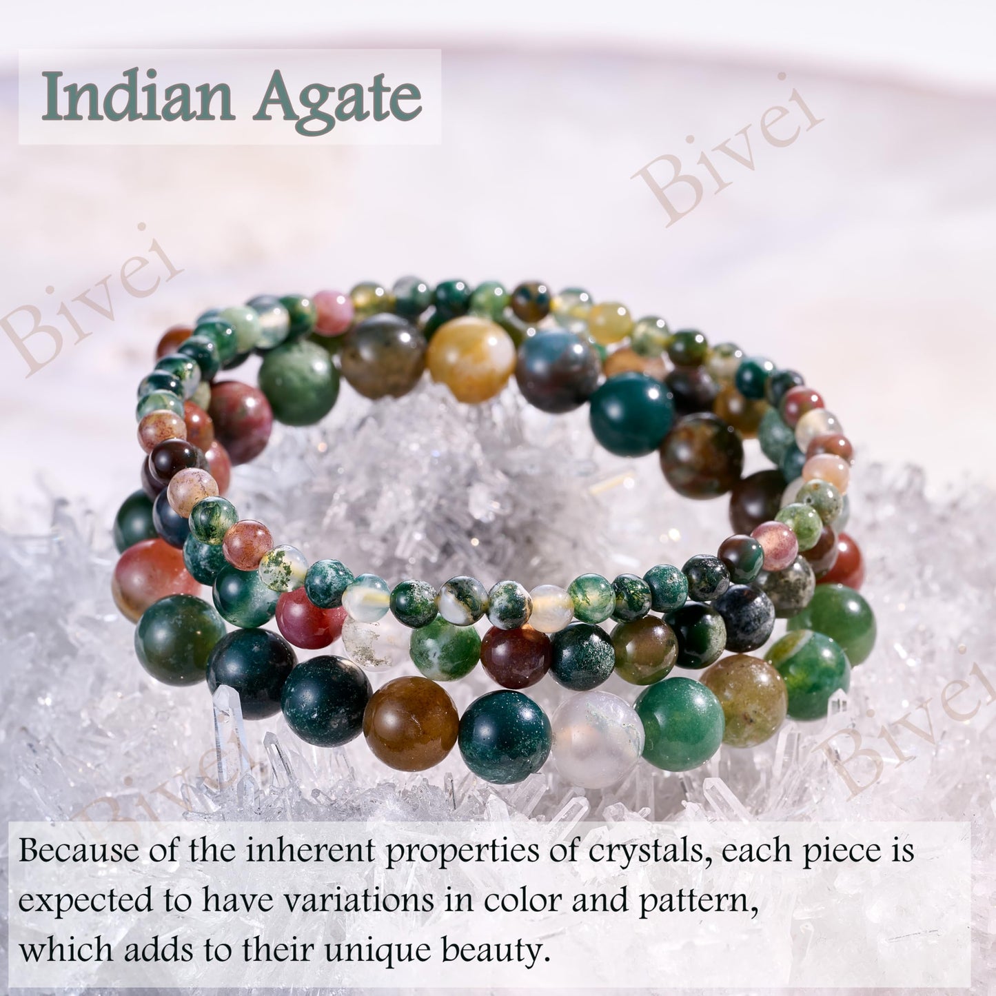 Bivei Indian Agate-Ancient Calm-4mm Beaded Bracelets for Women Handmade Semi Precious Natural Stone Stretch Elastic Jewelry Yoga Protection Gifts