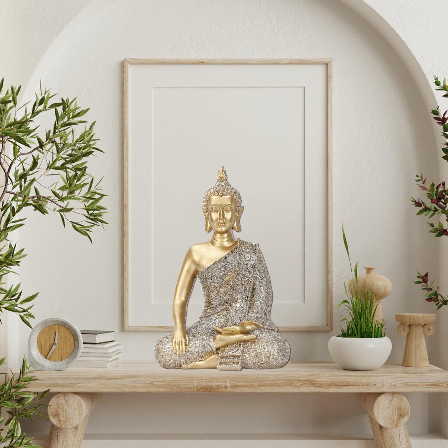 Golden Buddha Figurine - Meditating Seated Buddha Statue - Polyresin Statuary Meditation Figurine Altar Spiritual Decoration Indoor Outdoor Asia Sculpture for Garden, Patio, Deck, Porch Yard Art
