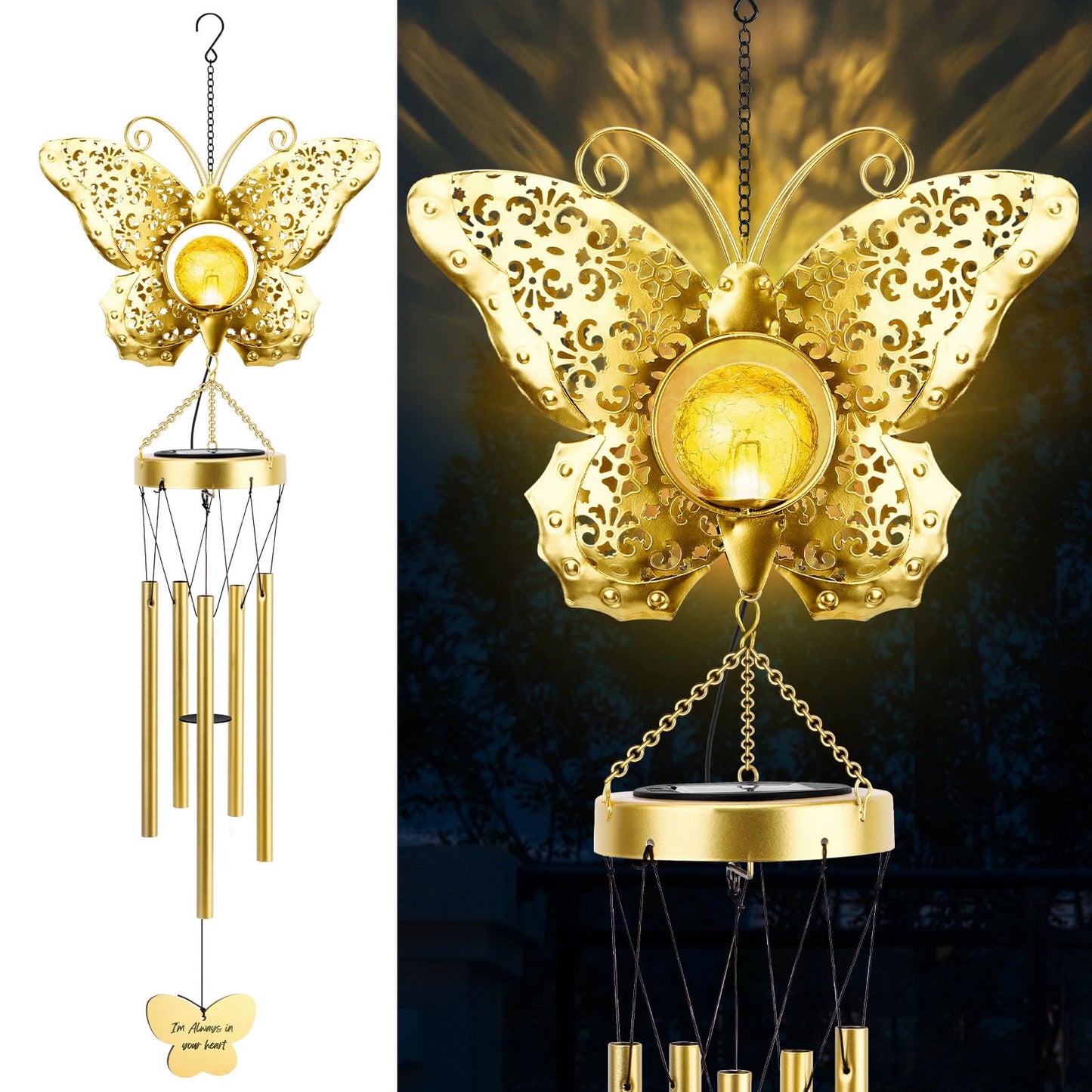 JYPS Butterfly Solar Wind Chimes, 40-Inch Large Waterproof Windchime for Outside with Glowing Crackle Glass Ball, Garden Patio Yard Decor Christmas Day Birthday Unique Gifts for Women Mom Grandma Wife