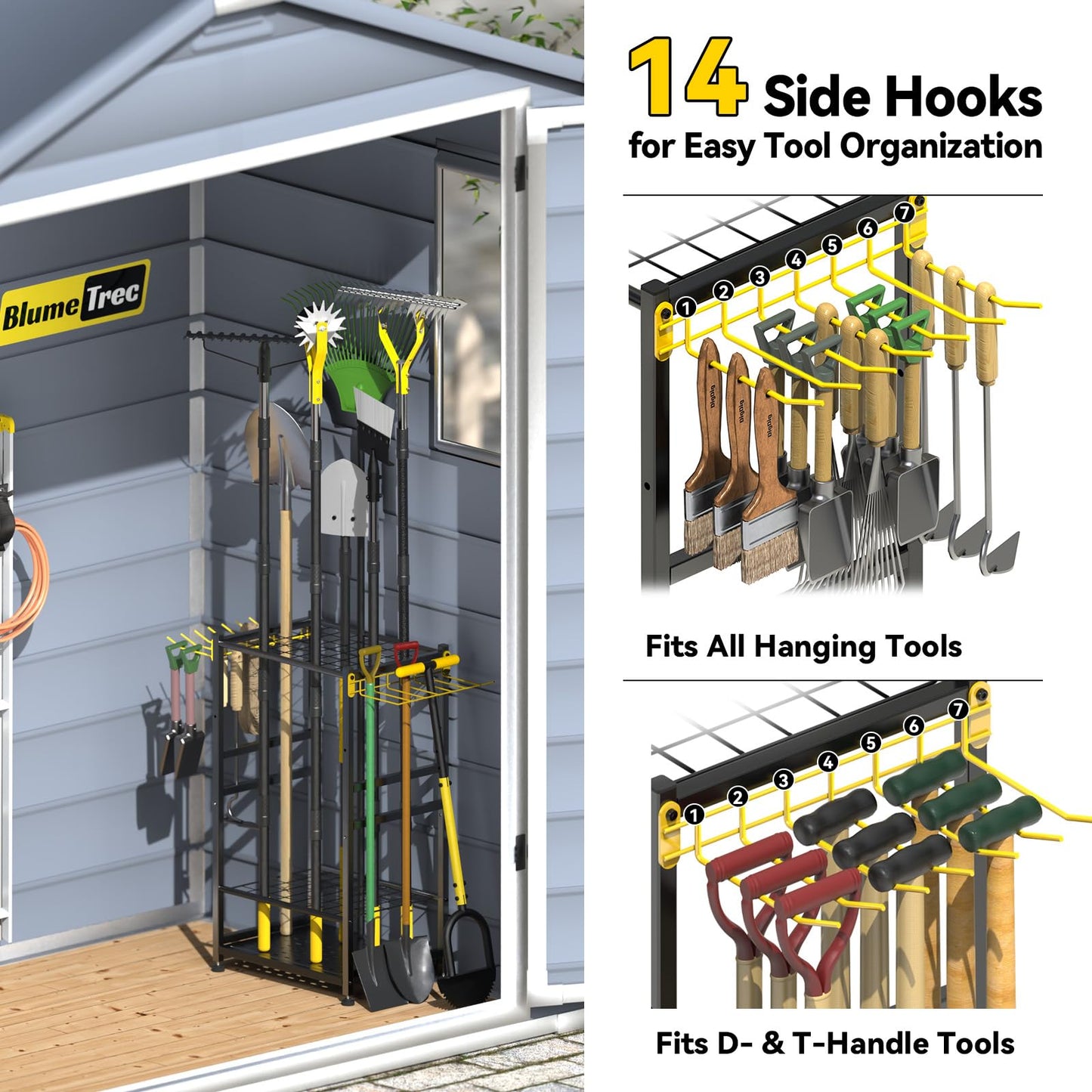 BlumeTrec Garden Tool Organizer, Up 48 Long Handle Tool, Garage Storage and Organization with Side Hook for Broom/Rake/Shovel/T-Handle Tool, Heavy Duty Steel Outdoor Tool Rack,Yard Tool Stand for Shed