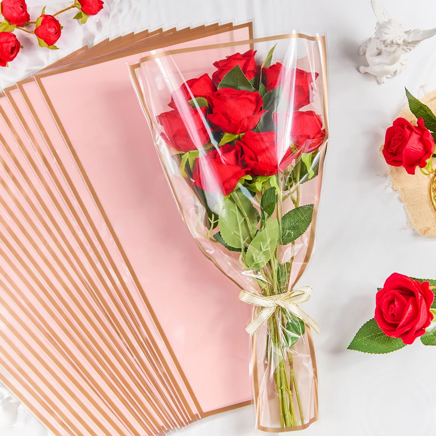 Mauproy 50 Pack Pink Flower Bags for Bouquets, 17.8 x 11.2 Inches Plastic Flower Sleeves Clear Front Floral Wraps with Ribbons for Mother's Day Florist Packaging Supplies