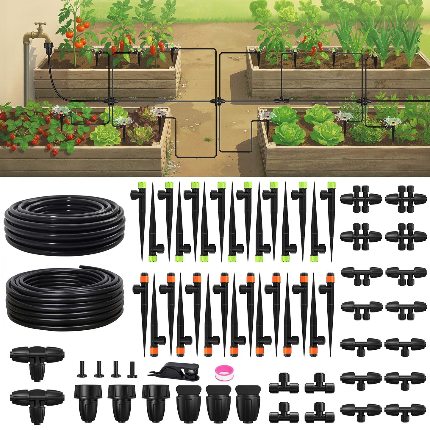 RAINPOINT Drip Irrigation System, Quick-Connect Garden Watering System Kit with Adjustable Emitters for Greenhouse, Garden Grid, Raised Bed, Potted Plant (50 ft Main Tubing + 100 ft Irrigation Tubing)