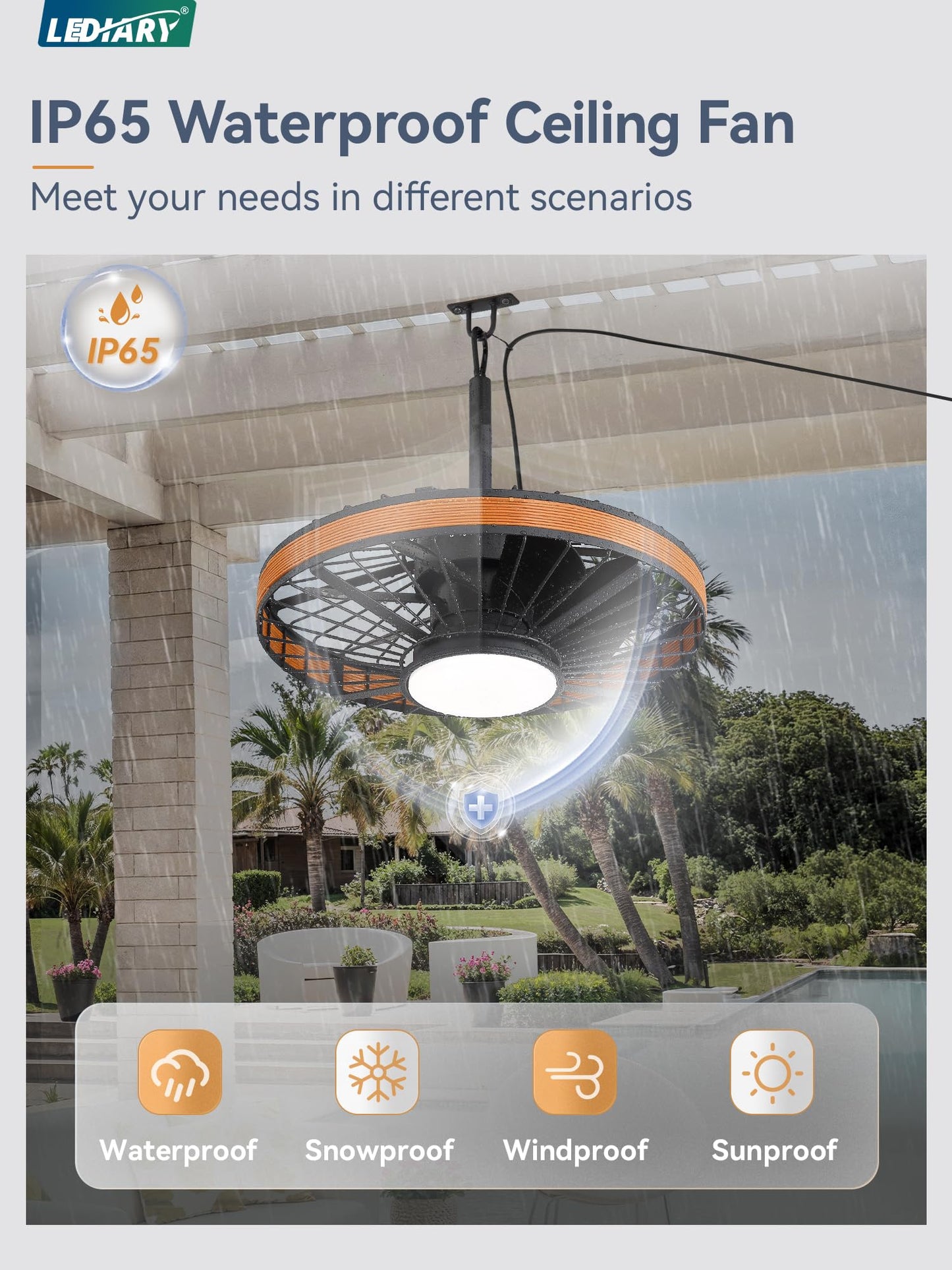 LEDIARY Outdoor Ceiling Fans with Lights, IP65 Waterproof Gazebo Fan with Hanging Hook,6 Speeds, 3CCT, 20 Inch Wet Rated Plug in Ceiling Fan for Patios,Porch, Pergola,Canopy, Brown