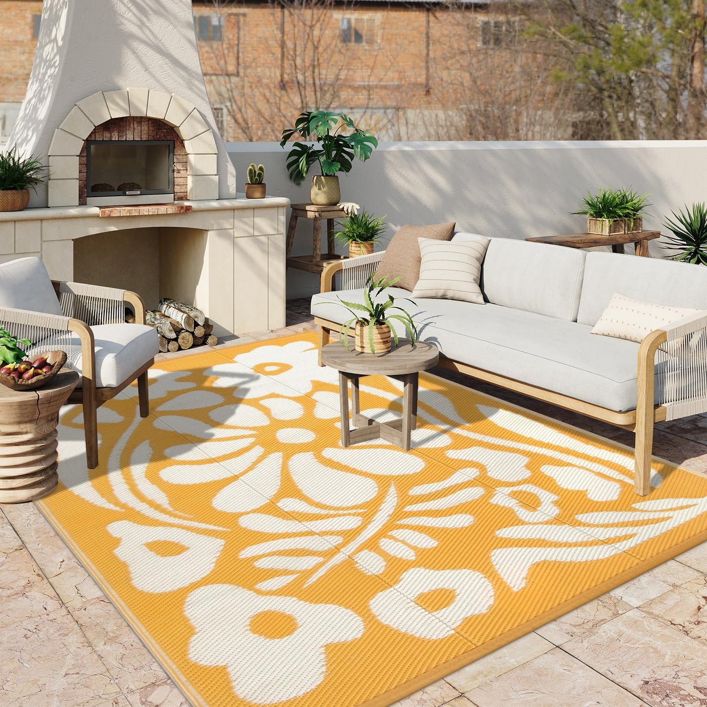 Uphome Outdoor Rugs 8x10 Waterproof, Reversible Orange Floral RV Camping Rug, Patio Plastic Straw Outside Rug, Large Foldable Outdoor Mat Carpet for Backyard Deck Pool Balcony Picnic Beach, 8'x10'