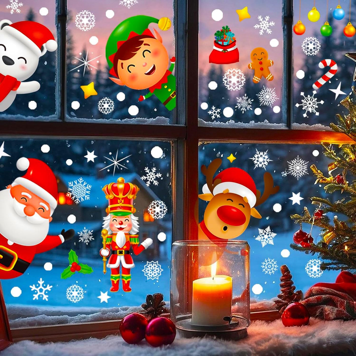 9 Sheets 200+Pcs Christmas Window Stickers Xmas Decals for Glass Snowflake Santa Claus Reindeer Christm Tree Window Cling Sticker for Decorations