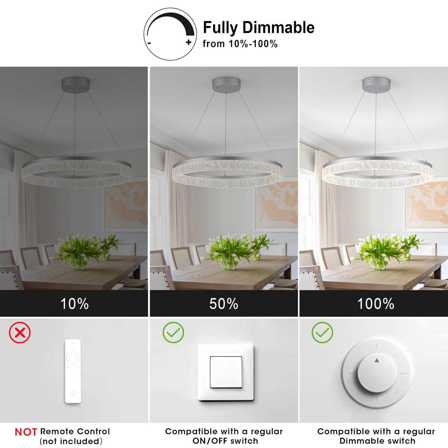 MADEM Modern Silver Led Pendant Light,36W Dimmable LED Chandelier Lighting Fixture, 1 Ring Circular Hanging Led Pendant Lighting for Living Room Dining Room Kitchen Island Foyer Office