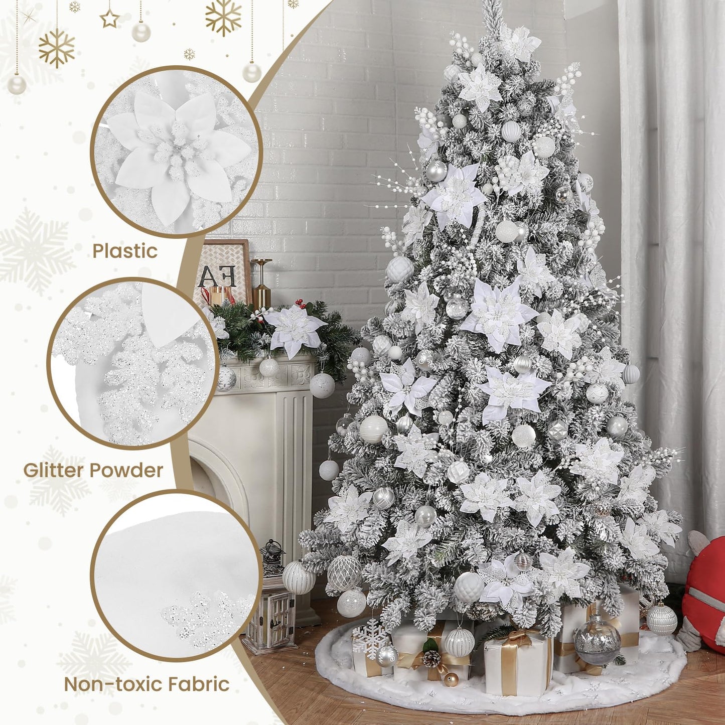 Alupssuc 24PCS 6"& 9" White Artificial Poinsettia Christmas Flowers, Faux Glitter Ornaments for Xmas Tree Wreath Garlands New Year Home Decor, White