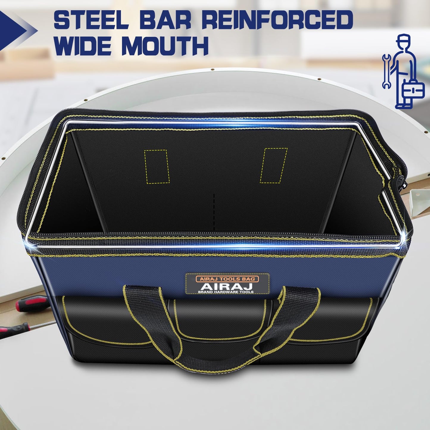 AIRAJ 14 Inch Tool Bag,Wide Mouth Tool Bags for Men,Tools Organizer for Home Repairs,Garage Storage,Professional Work,Portable Small Toolbags