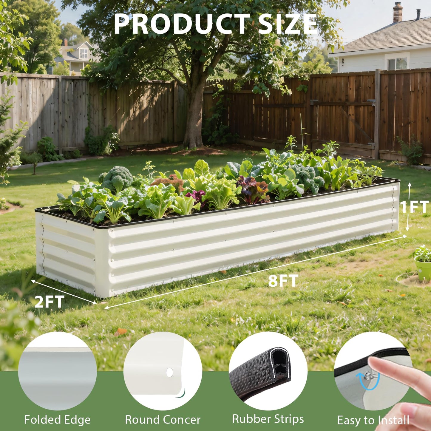 IGOHEALS Galvanized Raised Garden Bed – 1 Pack 8x2x1 Ft Patented Leak-Proof Planter Box Outdoor Gardening Metal Raised Garden Beds Kits for Veggies, Herbs & Flowers (White)